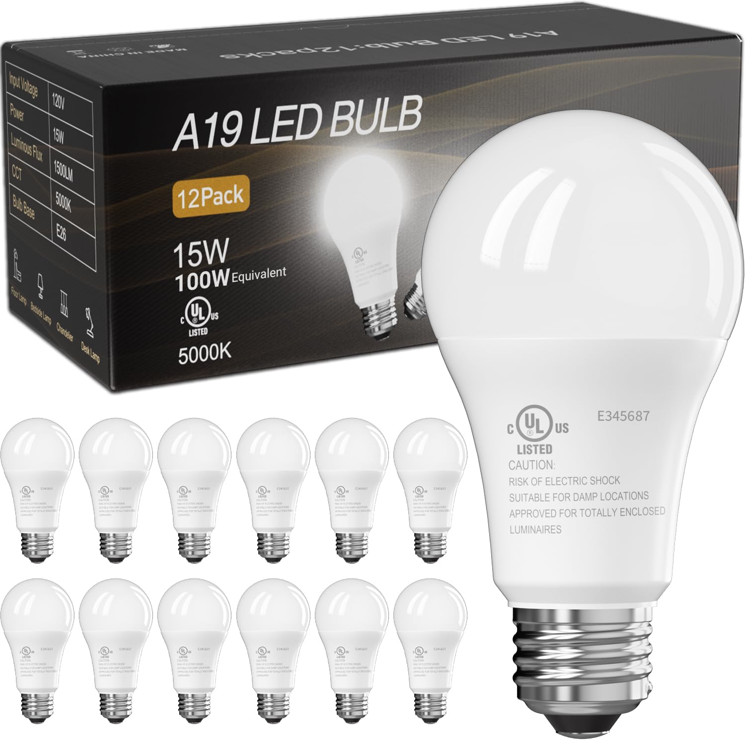 TJOY LED Light Bulbs, 100W Equivalent A19, 5000K Daylight, 15W, 1500 Lumens, Non-Dimmable, 12 Pack