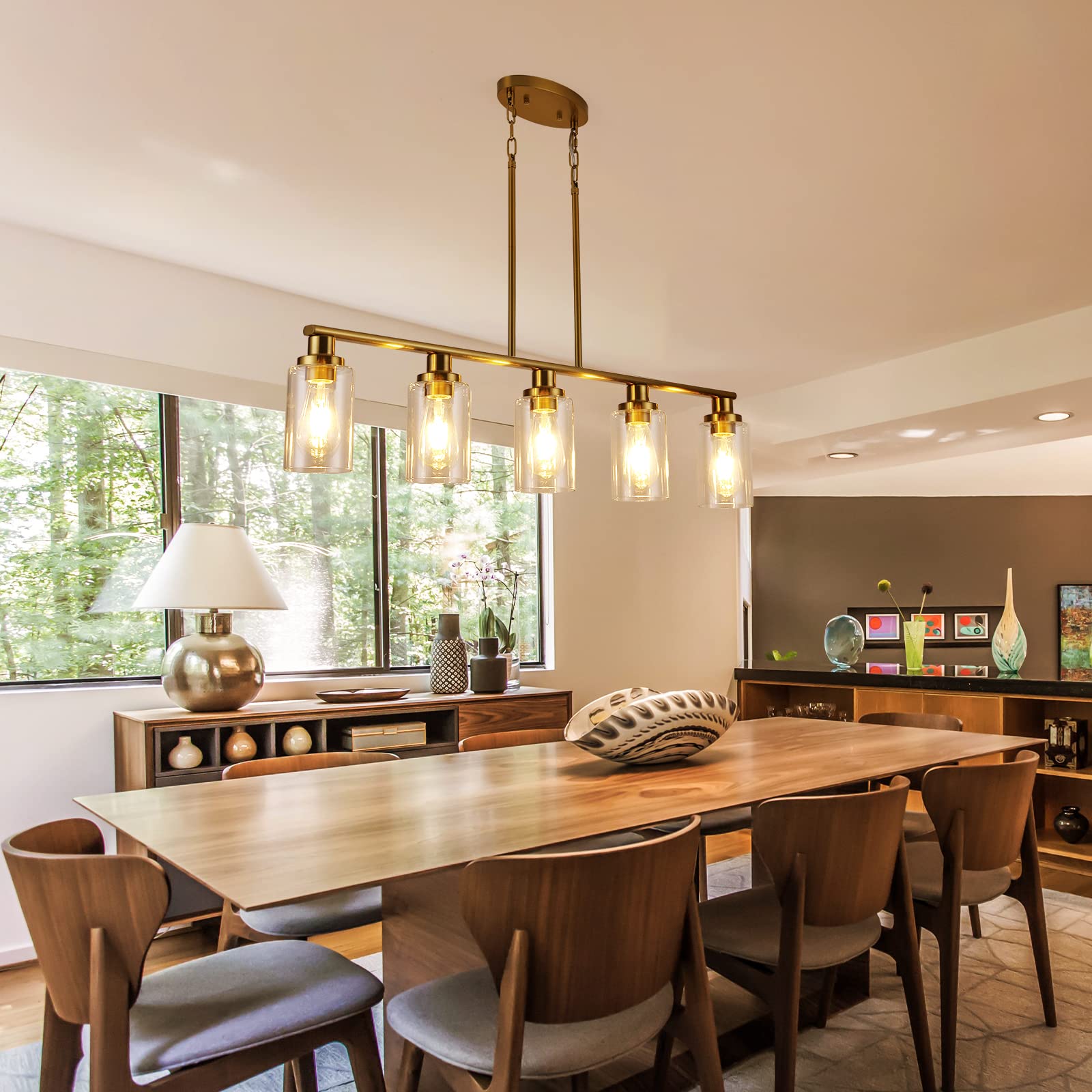Kpiok Kitchen Island Lighting, 5-Light Modern Dining Room Light Fixtures Over Table,Farmhouse Gold Linear Chandeliers For Dining Room, Industrial Pendant Lights Fixture With Clear Glass Shade
