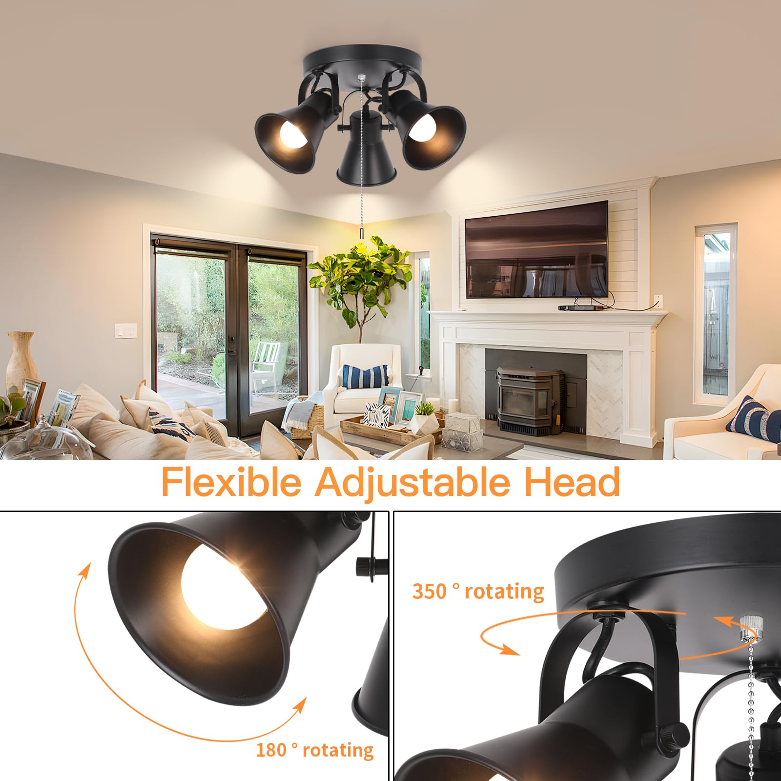 Seeblen 3-Light Industrial Track Lighting With Pull Chain On/Off Switch, Adjustable Round Kitchen Ceiling Light, Morden Black Fl