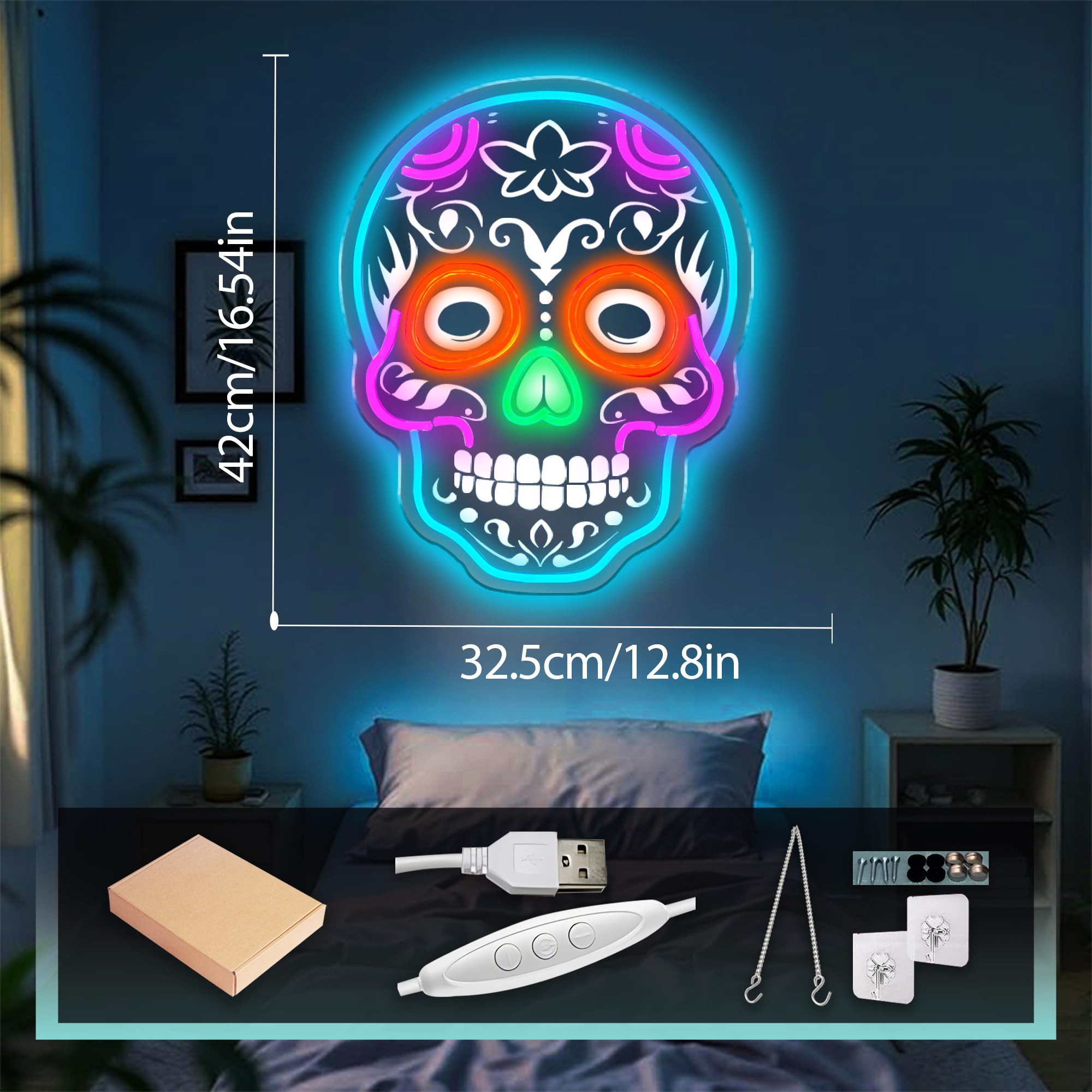 Skull Neon Signs For Bedroom Dimmable Neon Light Uv Printed Skull Signs Led Light For Man Cave malt-inspired Bar Club Game Room Party Decor Gifts  16.5X12.8