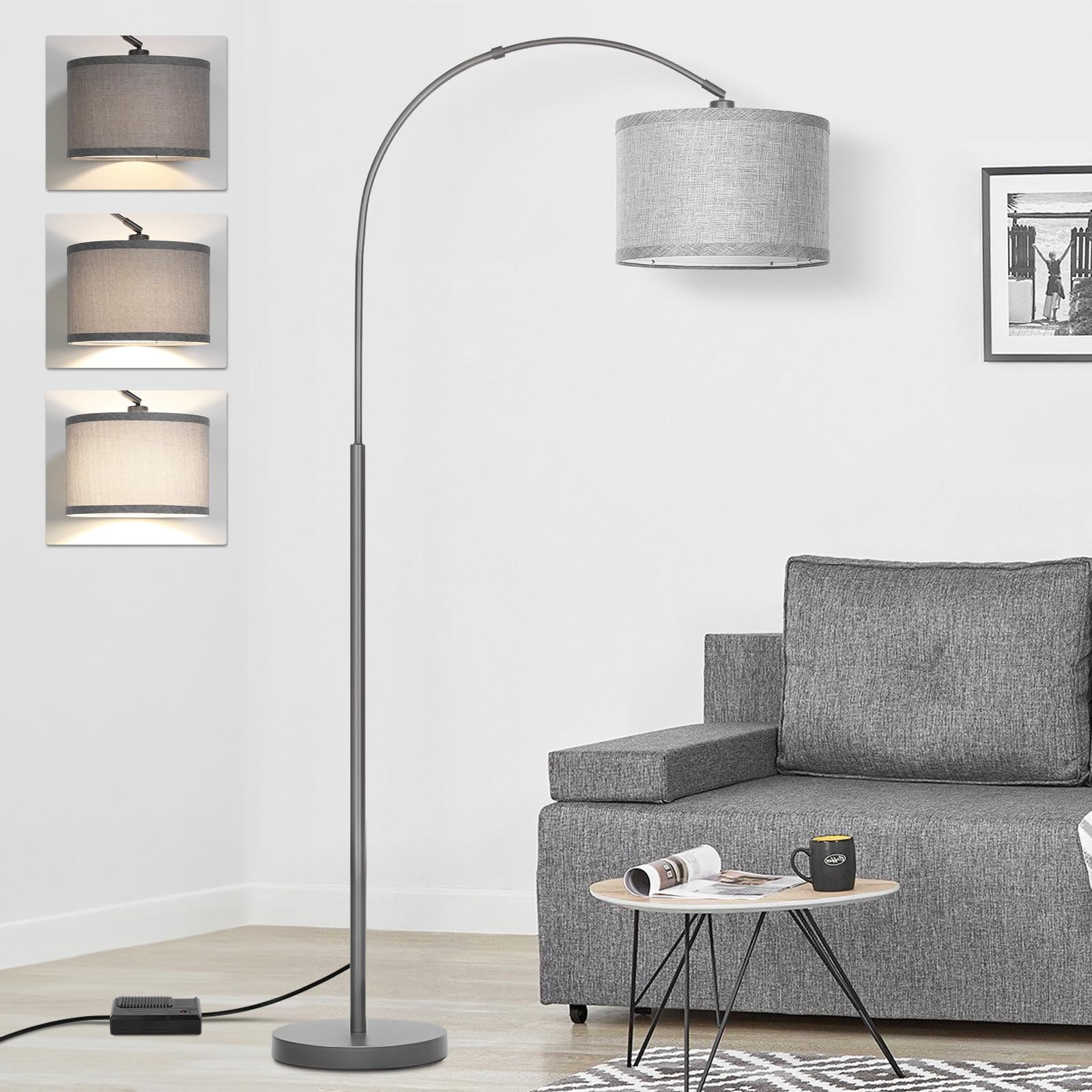 Arc Floor Lamp with Dimmer, Dimmable Floor Lamp for Living Room, Modern Standing Lamp with Gray Adjustable Hanging Shade, Tall P