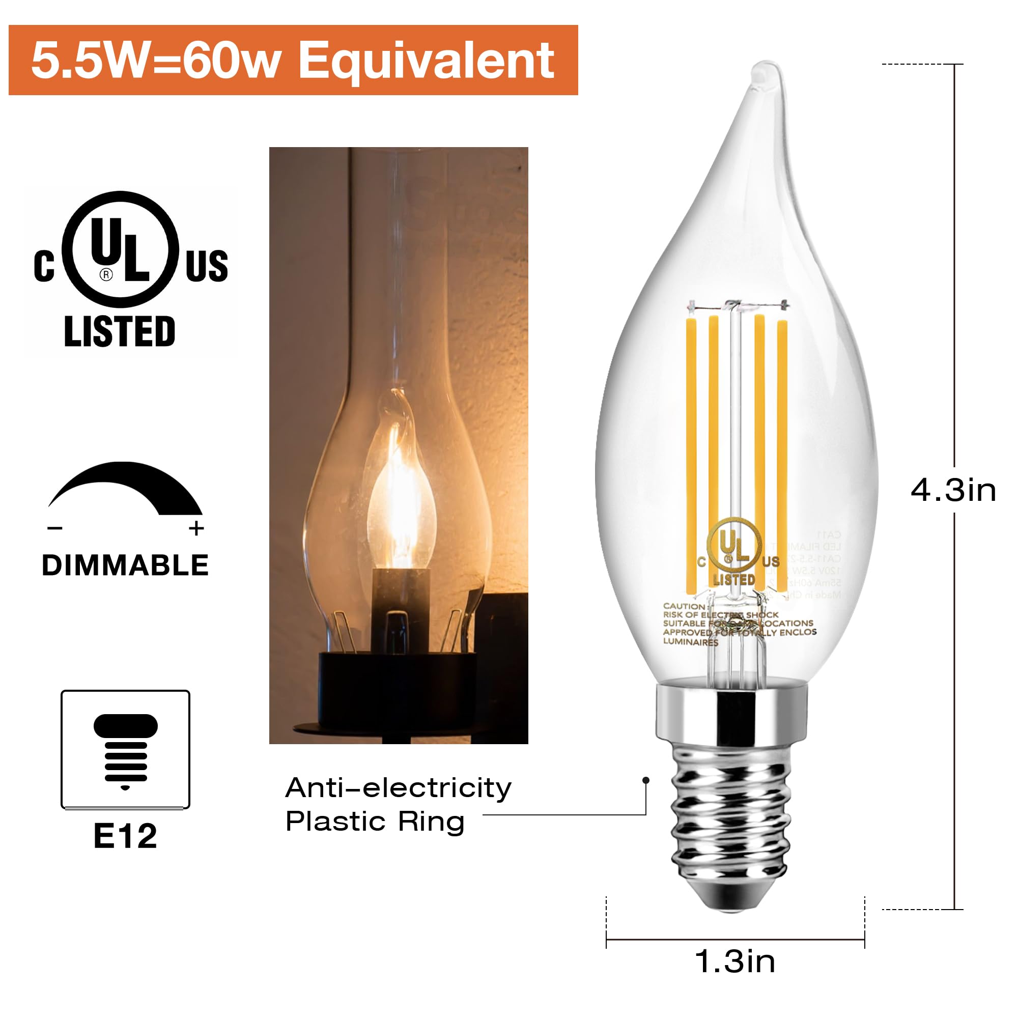 Tjoy E12 Led Candelabra Bulb Dimmable, 60W Equivalent Led Chandelier Light Bulbs, 5.5W 2700K Soft Warm White 600Lm Ca11 Flame Tip Vintage Filament Candle Light, 12 Pack