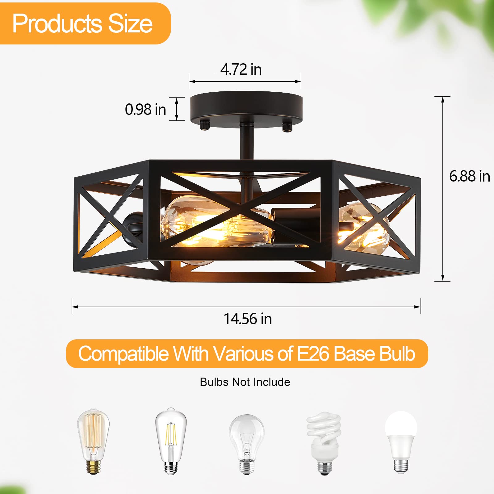 Xsdetu Black Ceiling Light, Modern Farmhouse Chandelier With Metal Hexagon Cage,Industrial Flush Mount Lamp For Kitchen, Hallway, Bathroom,3 Light