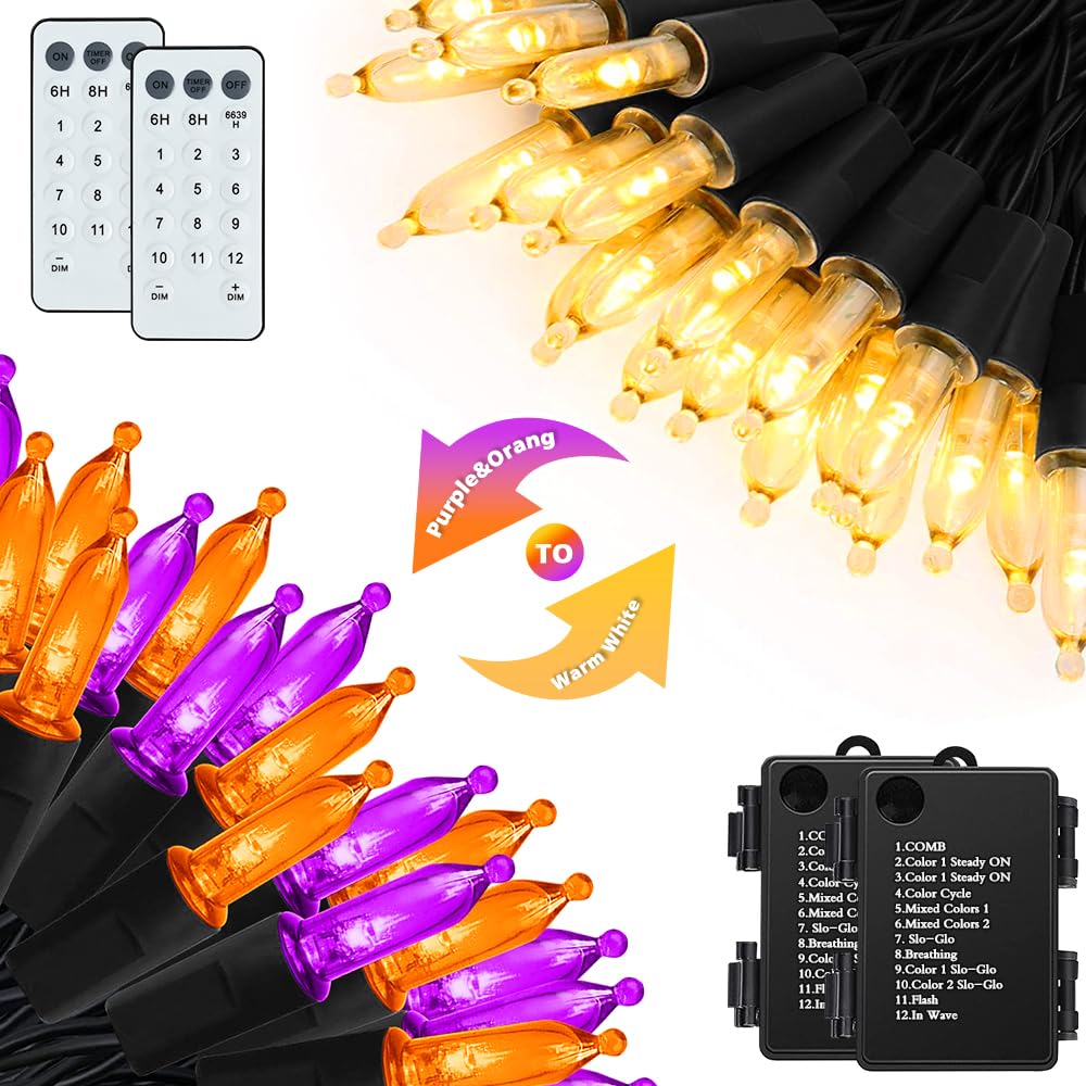 KOUQIYA Battery Halloween Lights 50 LED Mini String Lights 17ft Waterproof, Dual Color Changing, Orange Purple & Warm White, 2 Pack