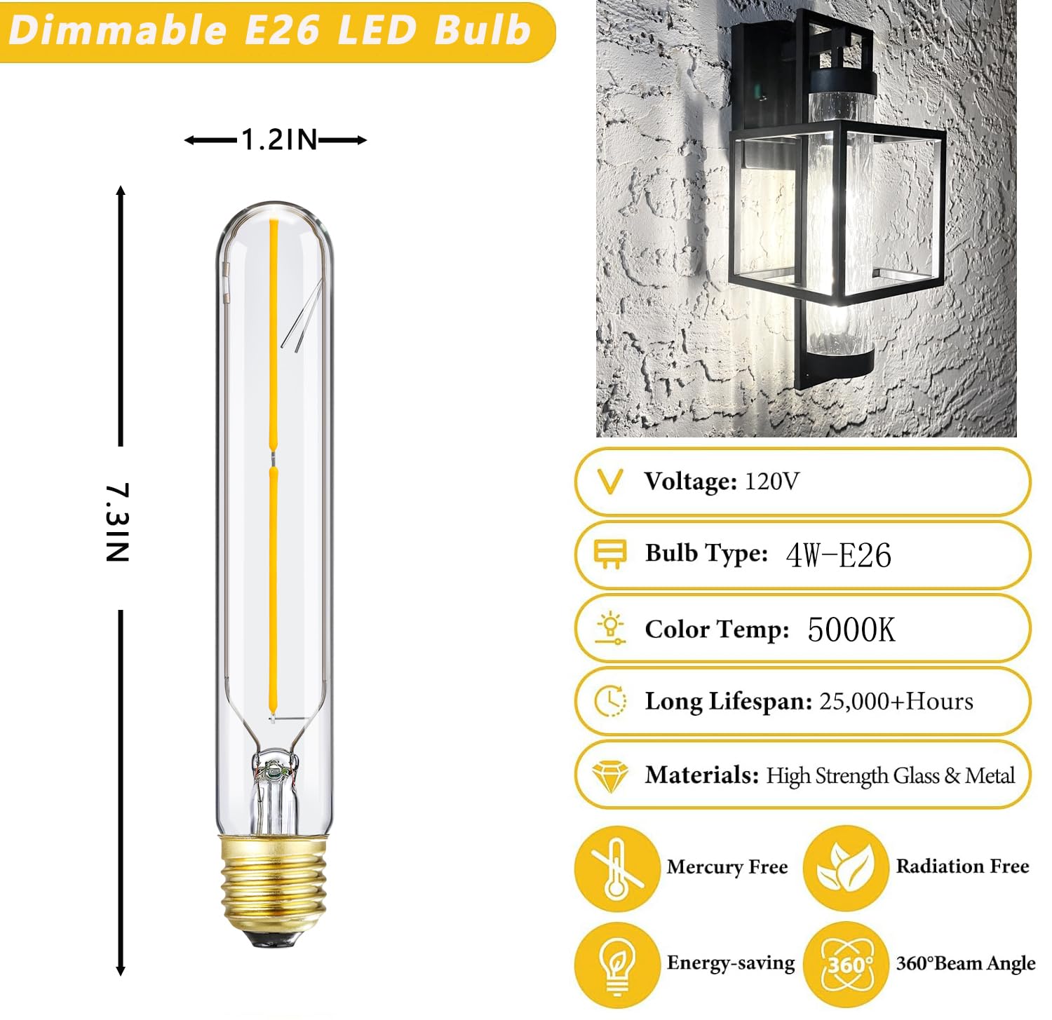 Homosum Tubular Light Bulb 7.3 Inch, Dimmable T10 Led Bulb E26 4W 40 Watts Edison Bulbs 5000K Daylight,Ac120V,400Lm, Long Led Fo
