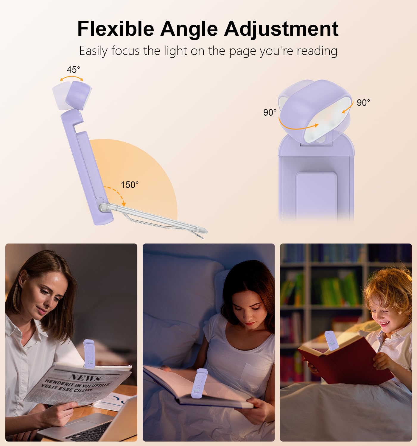 Gritin Rechargeable Book Light - 3 Color Temperatures, 5-Level Dimmable, Compact Clip-On Lamp, Purple, Model G1313