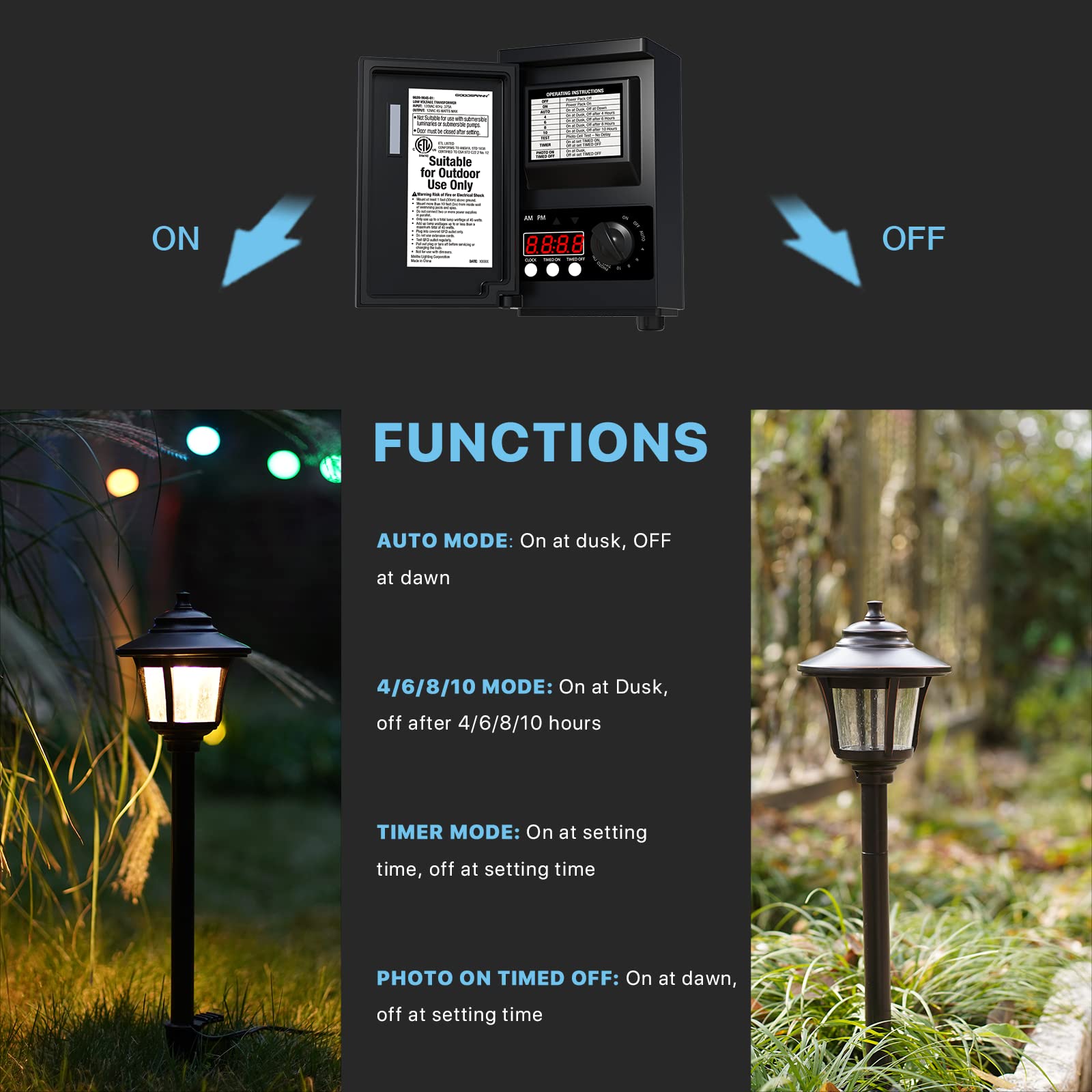 Goodsmann 45W Low Voltage Transformer Landscape Lighting Transformer For Low Voltage Landscape Lights With Photo Sensor Timer Function 9920-9045-01