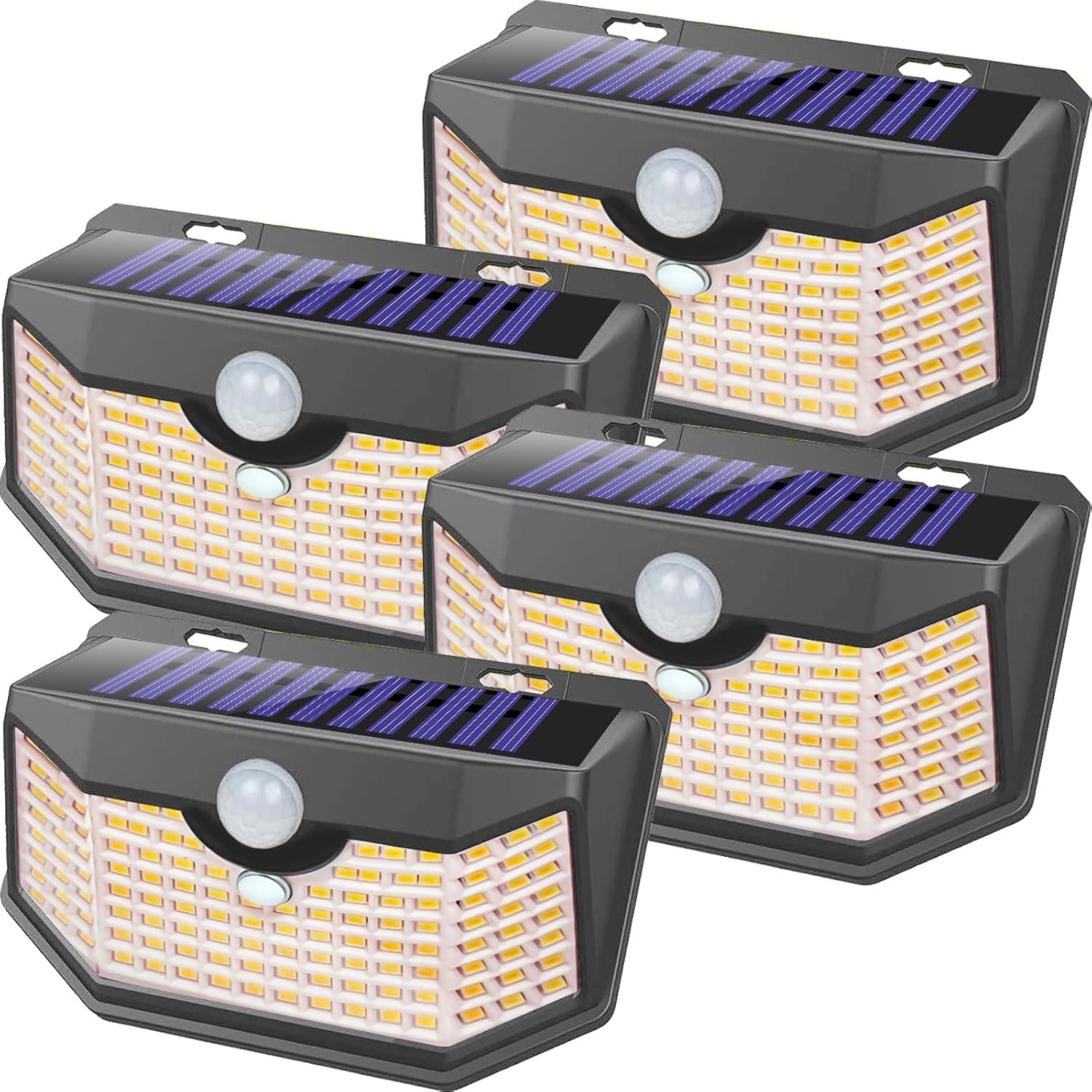 HMCITY 120 LED Outdoor Solar Lights with Motion Sensor, IP65 Waterproof, Front Button 4Pack, Warm White, Model JY2440