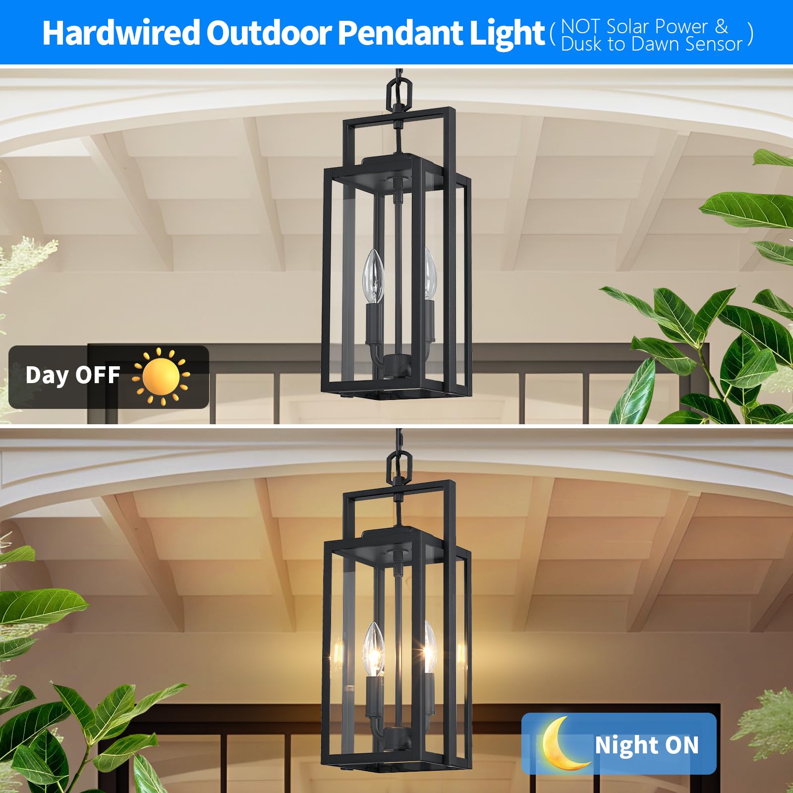 Large Outdoor Pendant Light 2-Light, 17.75'' Modern Black Metal Outside Chandelier Exterior Hanging Fixture Ceiling Mount With C