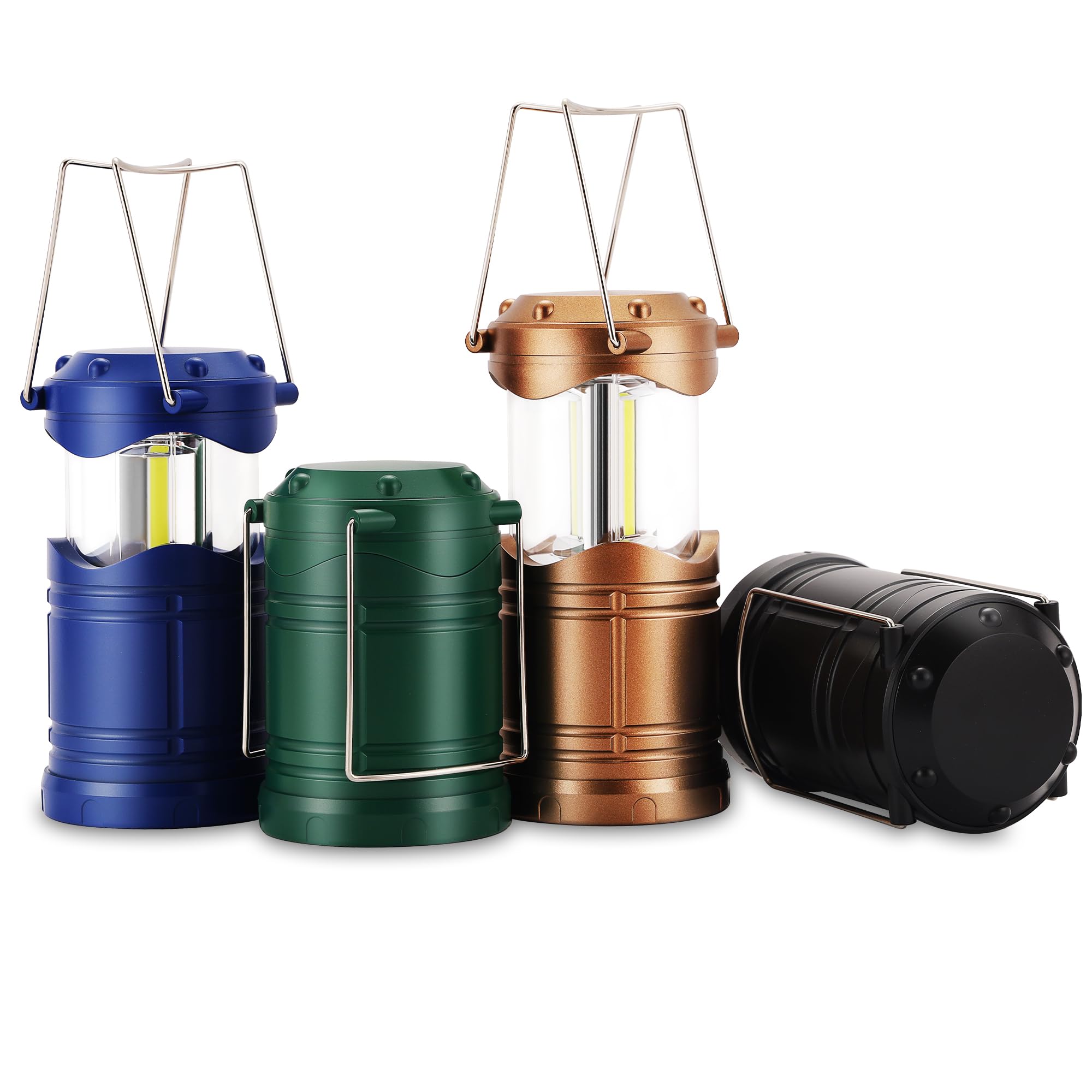 Lichamp LED Camping Lantern, 4 Pack Portable Light, Battery Powered, Collapsible, Model B4C5, Colors: Blue, Dark Green, Gold, Black