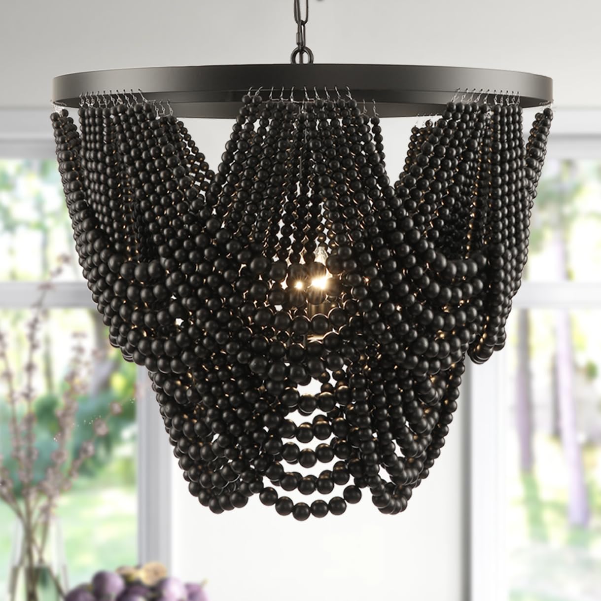 Wood Beaded Chandelier,Large 25.5 inch Boho Chandelier,Black Light Fixture Bohemia Draped Bead Rustic Farmhouse Ceiling Light Fi