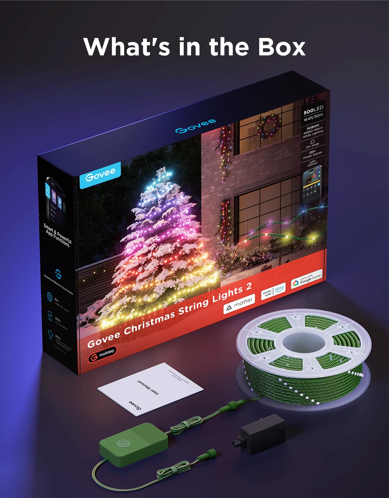 Govee Rgbwic 164Ft Christmas String Lights, 500 Leds, Smart App Control, Green Wire, Indoor/Outdoor Holiday Decor, Model H70C7