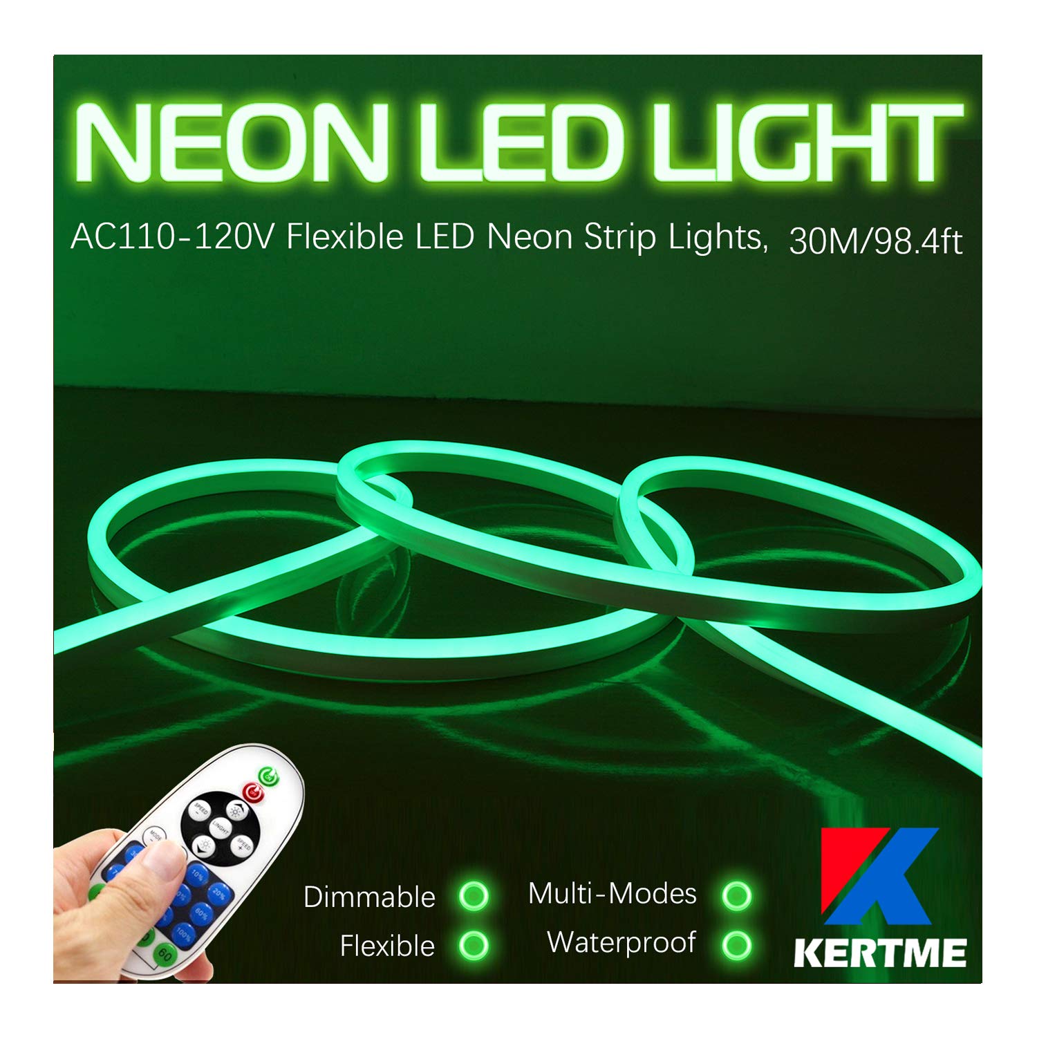 KERTME Neon LED Light Strip, Waterproof & Dimmable, 98.4ft, Green