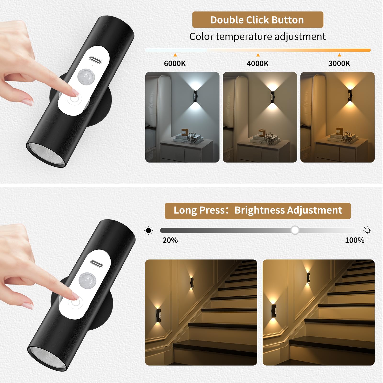 WOBSION Motion Sensor Wall Light, Rechargeable, Brightness Adjustable, 3 Color Modes, f1.18*4.37in, Black, Model CL-K67-B, 2 Pack