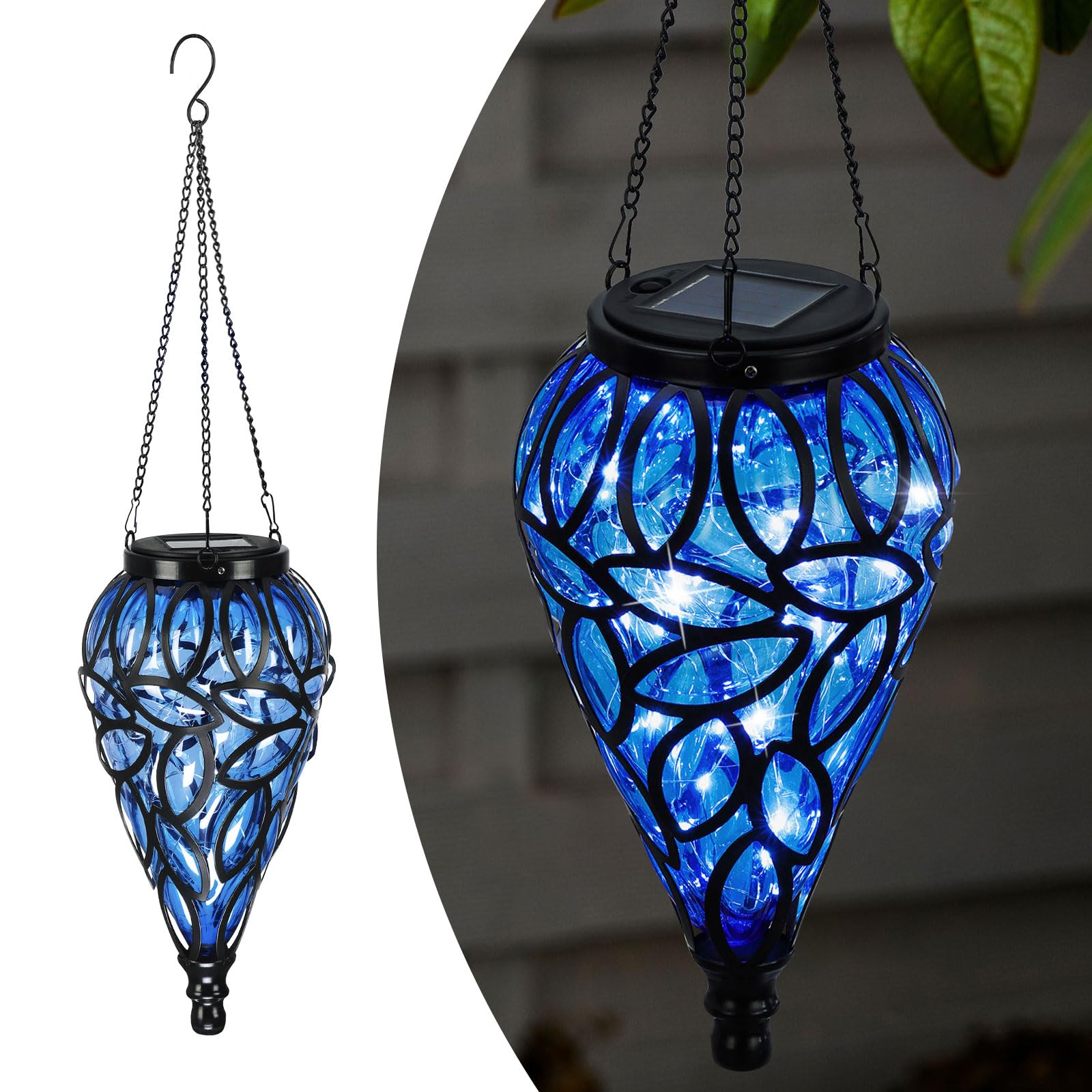 LEWIS&WAYNE Solar Hanging Lantern Lights, 15 LEDs, Cool White, Tear-Shaped, Blue, for Garden, Yard, Pathway, Front Door