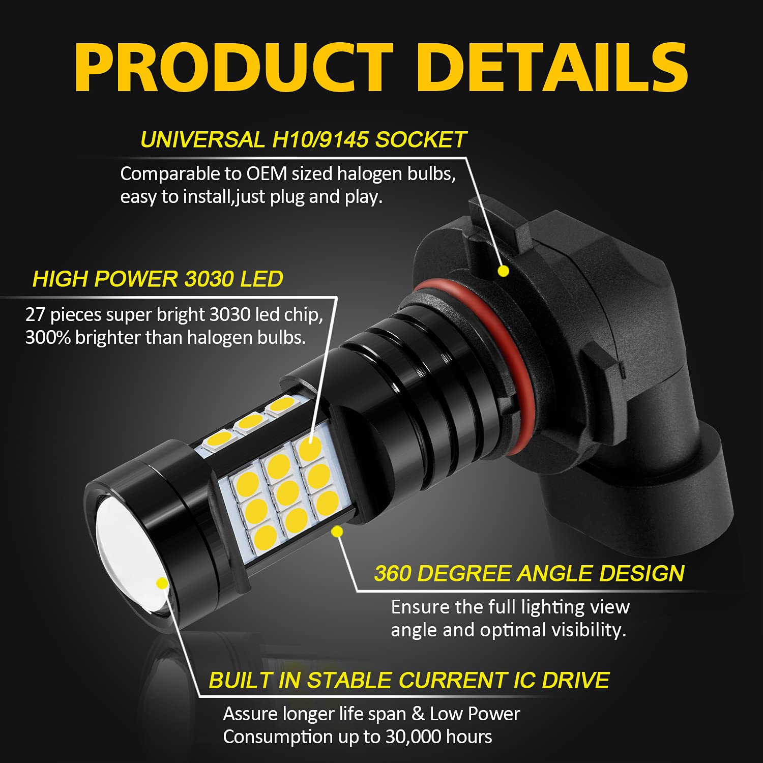 AUXLIGHT H10 LED Fog Light Bulbs, 2400 Lumens, Aluminum, H10/9145/9140, Golden Yellow