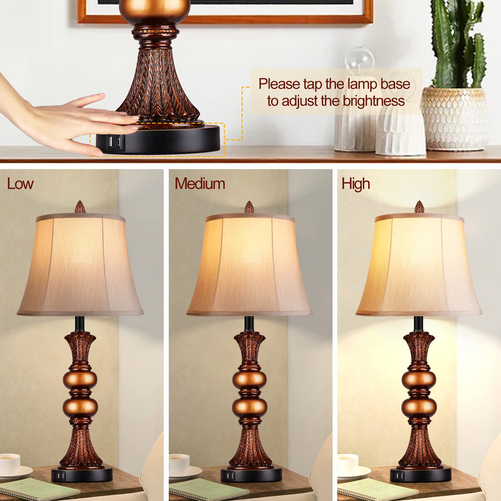 Set Of 2 Touch Control Traditional Table Lamp, 27&quot;H Bedside Lamps With 2 Usb Charging Ports, 3-Way Dimmable Bronze Finish Large Nightstand Lamps With Bell Faux Silk Shade For Living Room, Bedroom