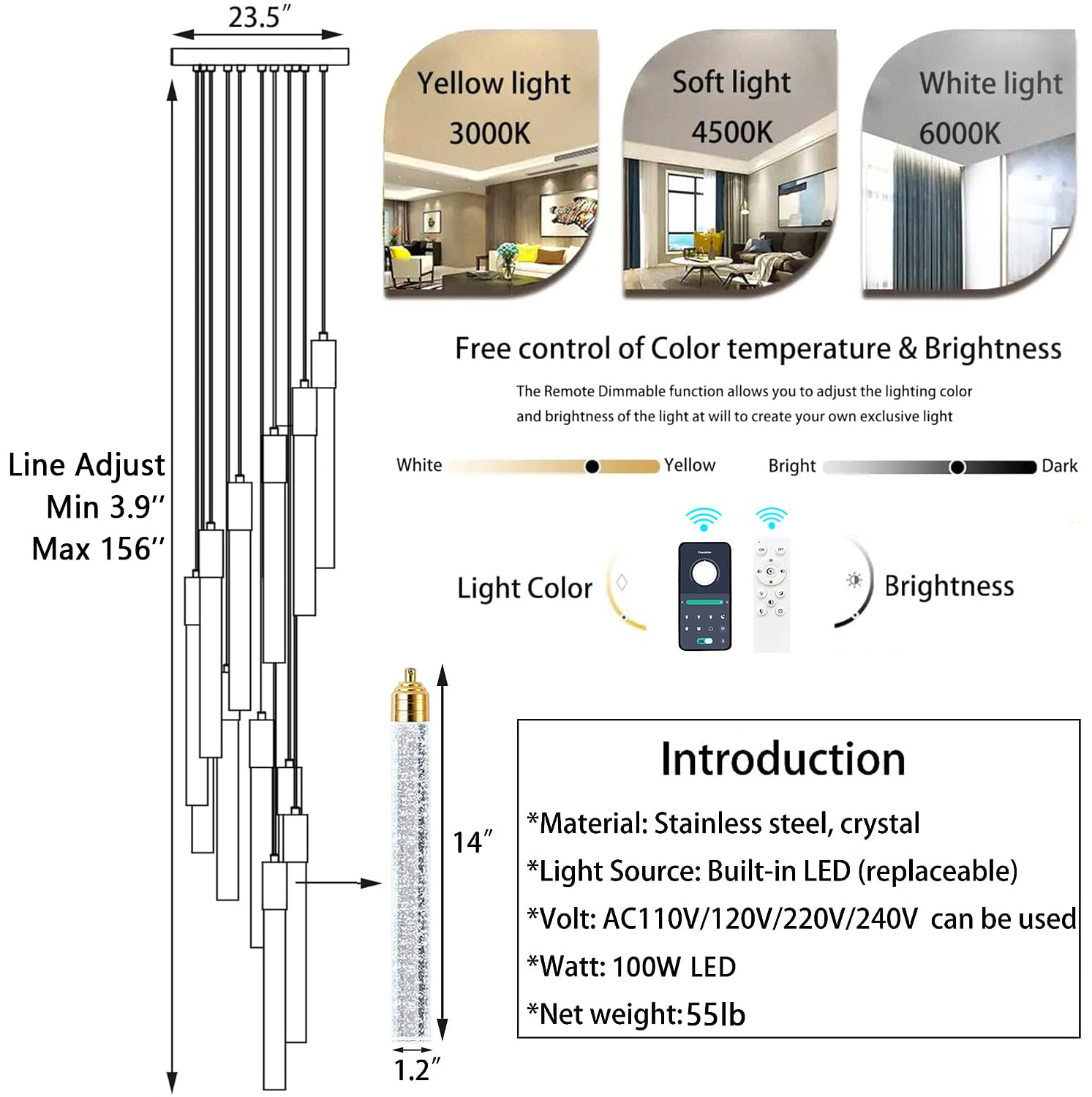 Dolria 156in LED Dimmable Chandelier - 20 Lights, Gold, Modern Design for High Ceilings, Crystal Drop Light, Model PC0008