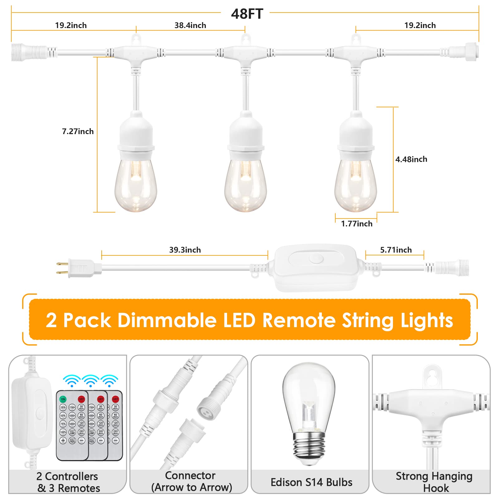 Mlambert 3 Color Outdoor Led Dimmable String Lights For Patio With Remote, Plug In 48Ft Waterproof Shatterproof Led Bulb Light F