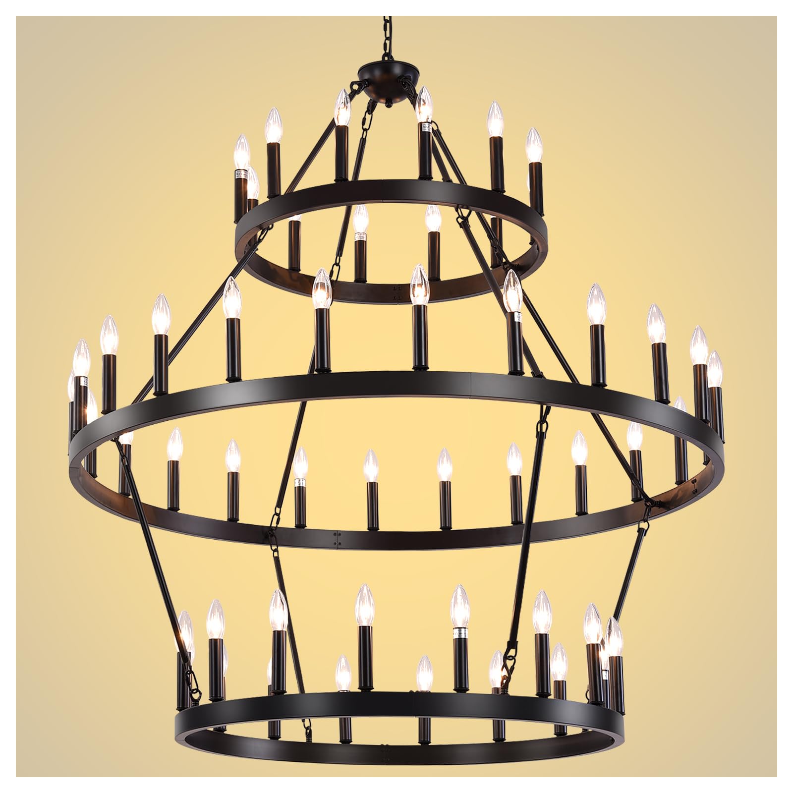 Yikrfiae 3 Tier Black Large Wagon Wheel Chandelier  52-Lights 48 Inch Farmhouse Pendant Light Fixture  Round Rustic Hanging Lighting for Dining Room Kitchen Island Foyer Entryway