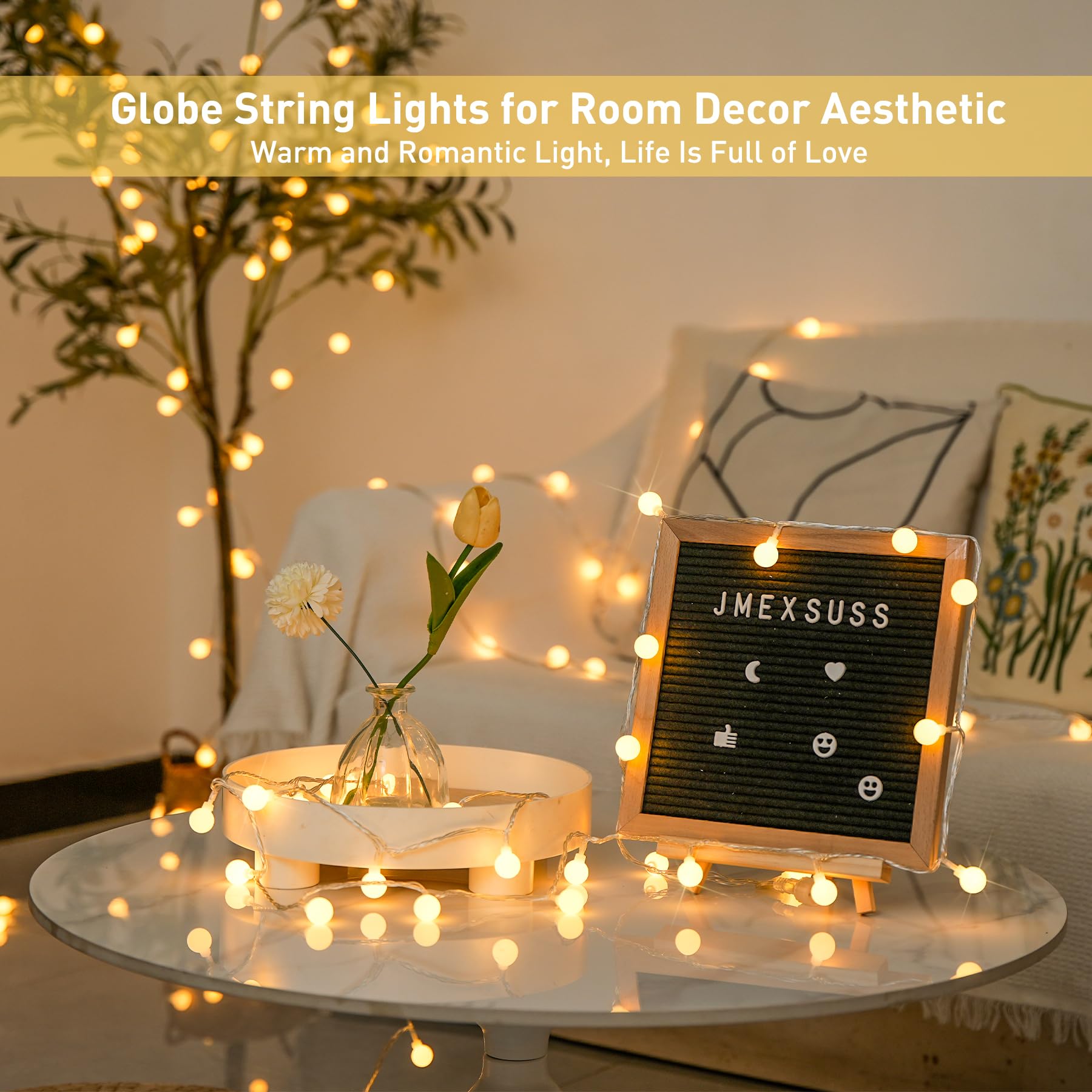 JMEXSUSS 147ft Globe String Lights, 300 LED, Waterproof, Warm White, Plug-in with Remote for Indoor/Outdoor Use