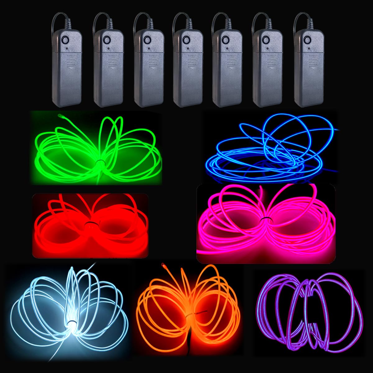 MaxLax EL Wire 7 Pack, 16.4ft Neon Light Wire Noise Reduction with Battery Pack(7 Color)… (16.4ft)…