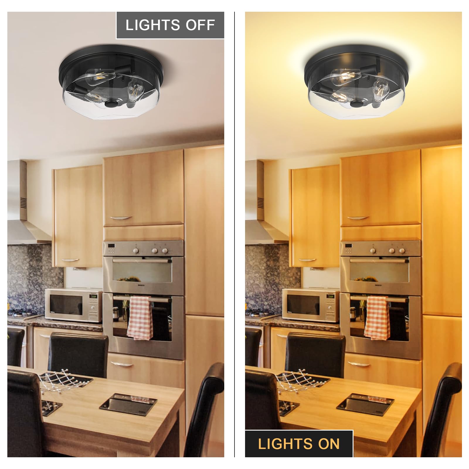 Luminzone 3-Light Flush Mount Ceiling Light, Black Glass Shade For Indoor/Outdoor Use