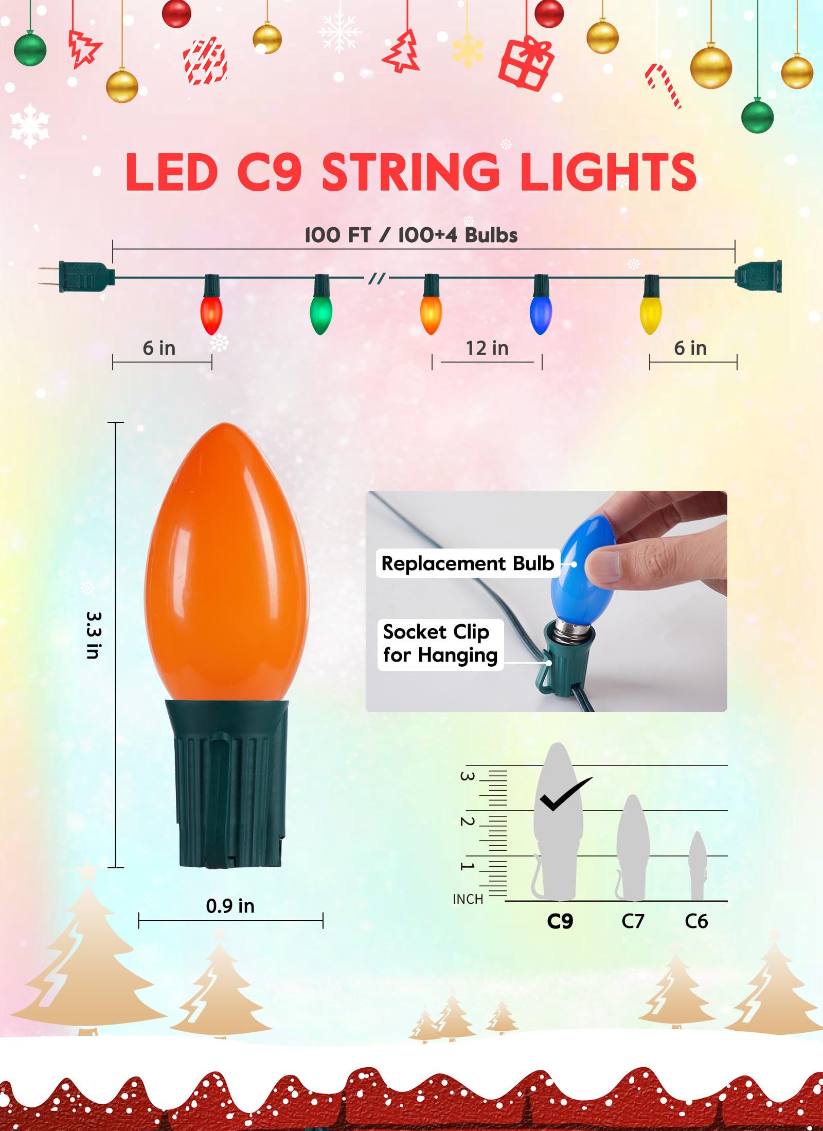 Vintage C9 Led Christmas Lights Outdoor, 100 Feet C9 String Lights With 100 Shatterproof C9 Bulbs, Waterproof Connectable Commer