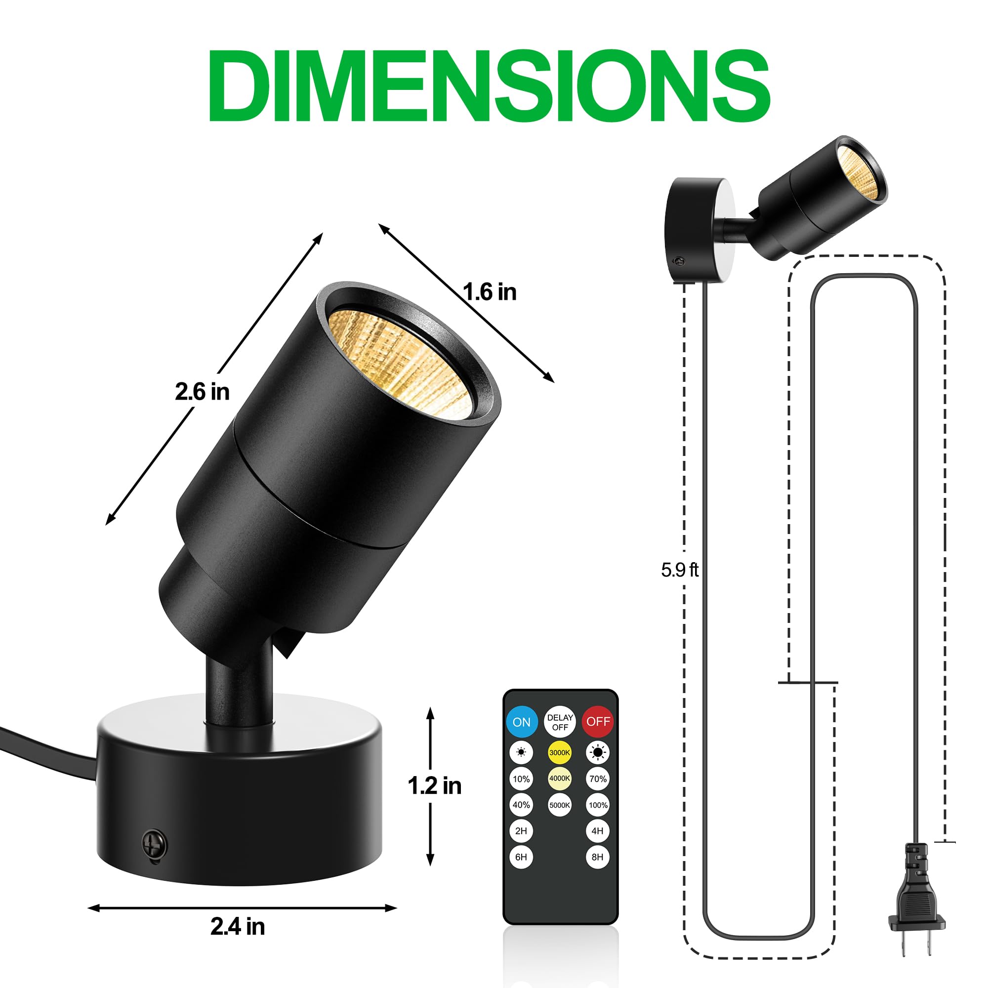 Jiaqiyan Led Spotlight Indoor 2 Pack, 5W Adjustable Led Up Lights With Remote Control & Timer, 3000K/4000K/5000K Floor Uplighting Spot Lights For Plants & Artwork, 5.9 Ft Cord
