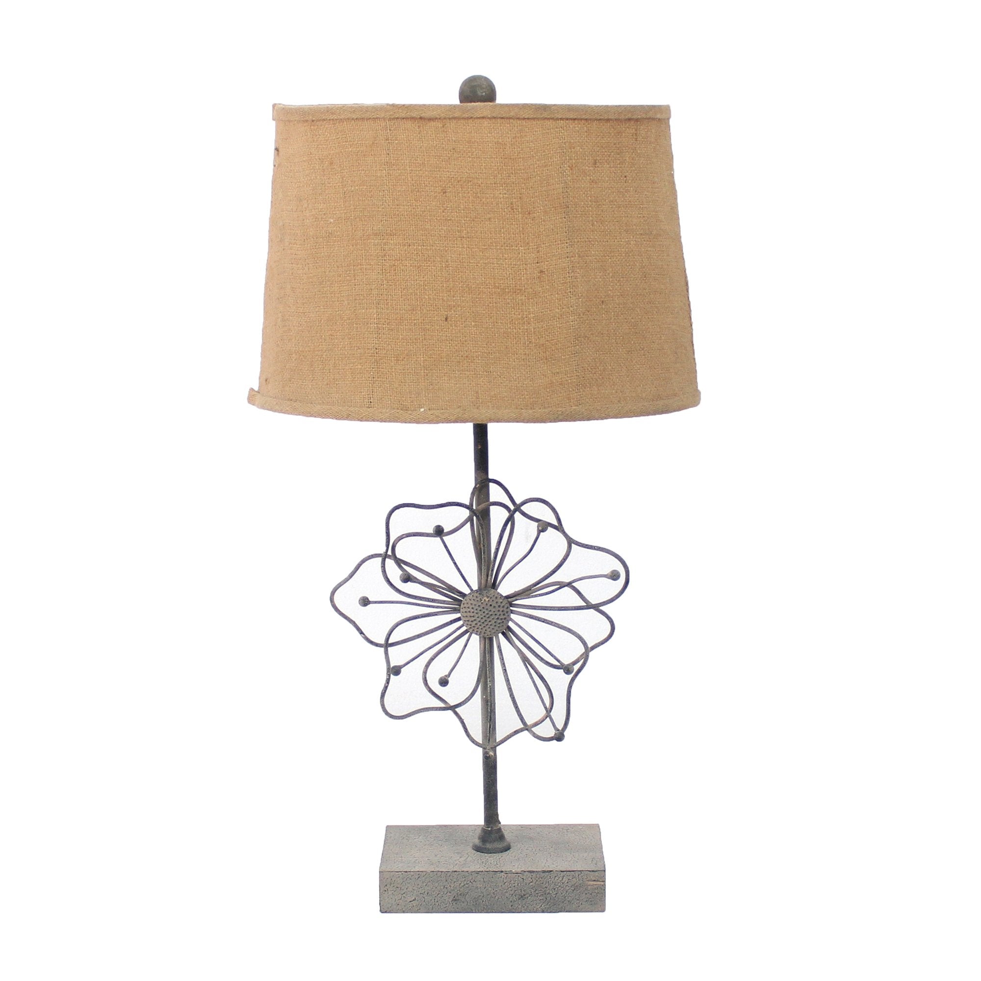 Benzara Metal Table Lamp with Flower Accent, Block Base, Beige and Gray, Model BM217243