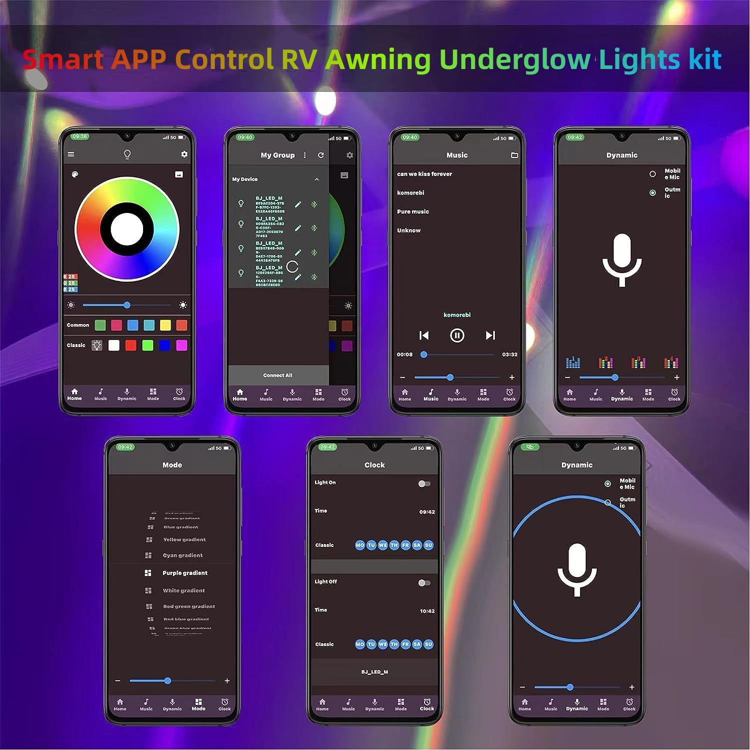 ROLiGHTiC RV Awning Lights Strip, 12V Multi-Color LED, 65.6FT with APP & RF Control