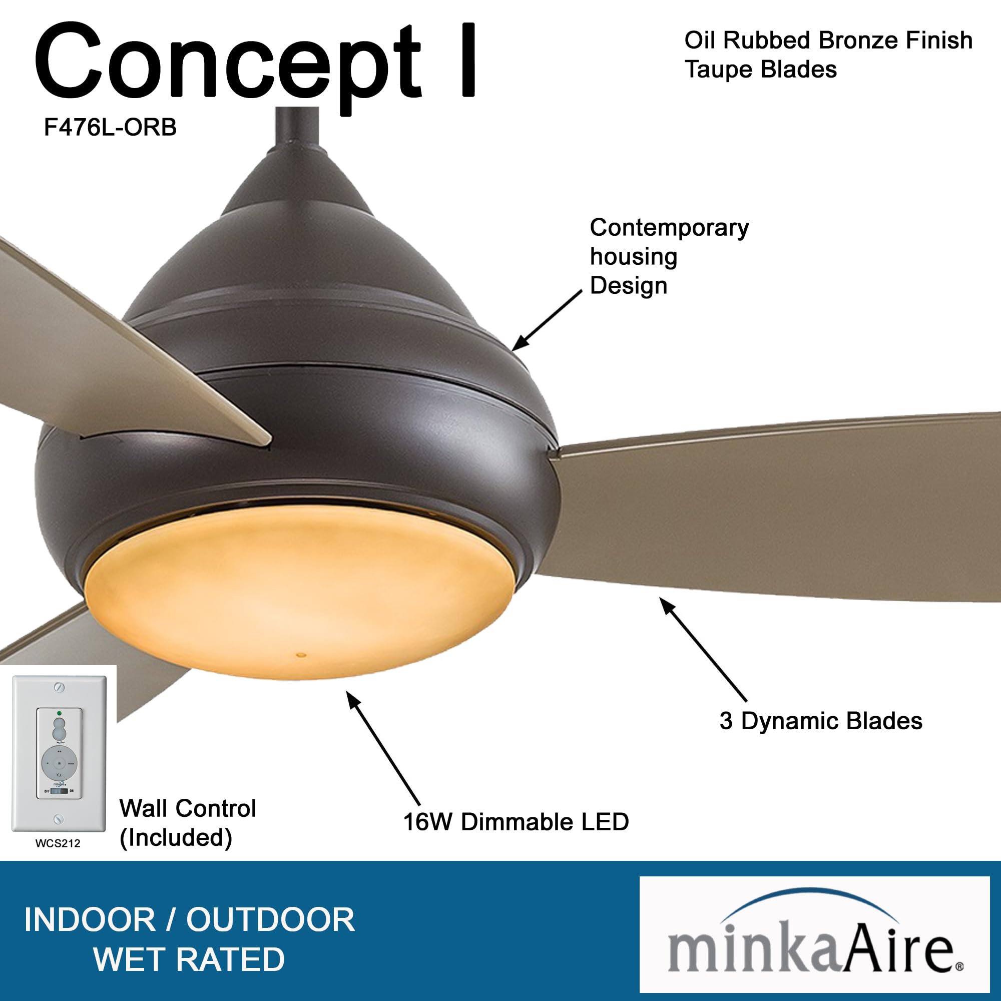 Minka-Aire F476L-ORB, Concept I Wet LED Oil-Bronze 52 Outdoor Ceiling Fan with Light & Control