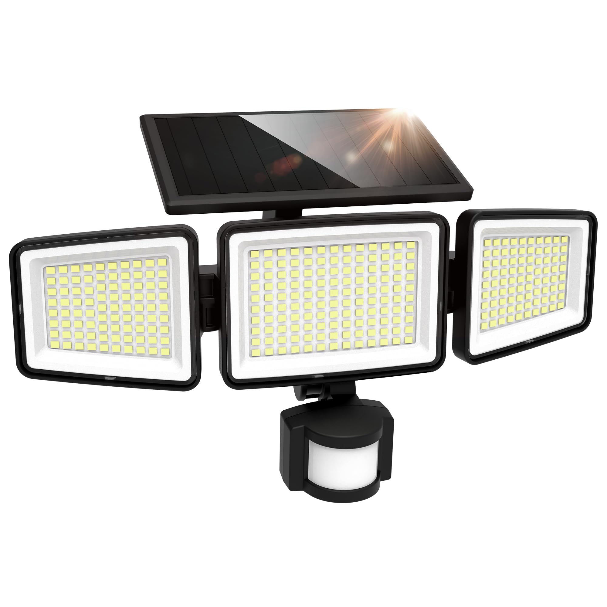 UME Solar Outdoor Lights 302 LED, IP65 Waterproof, Motion Sensor, 3 Heads, 270° Lighting Angle, 1 Pack, Black