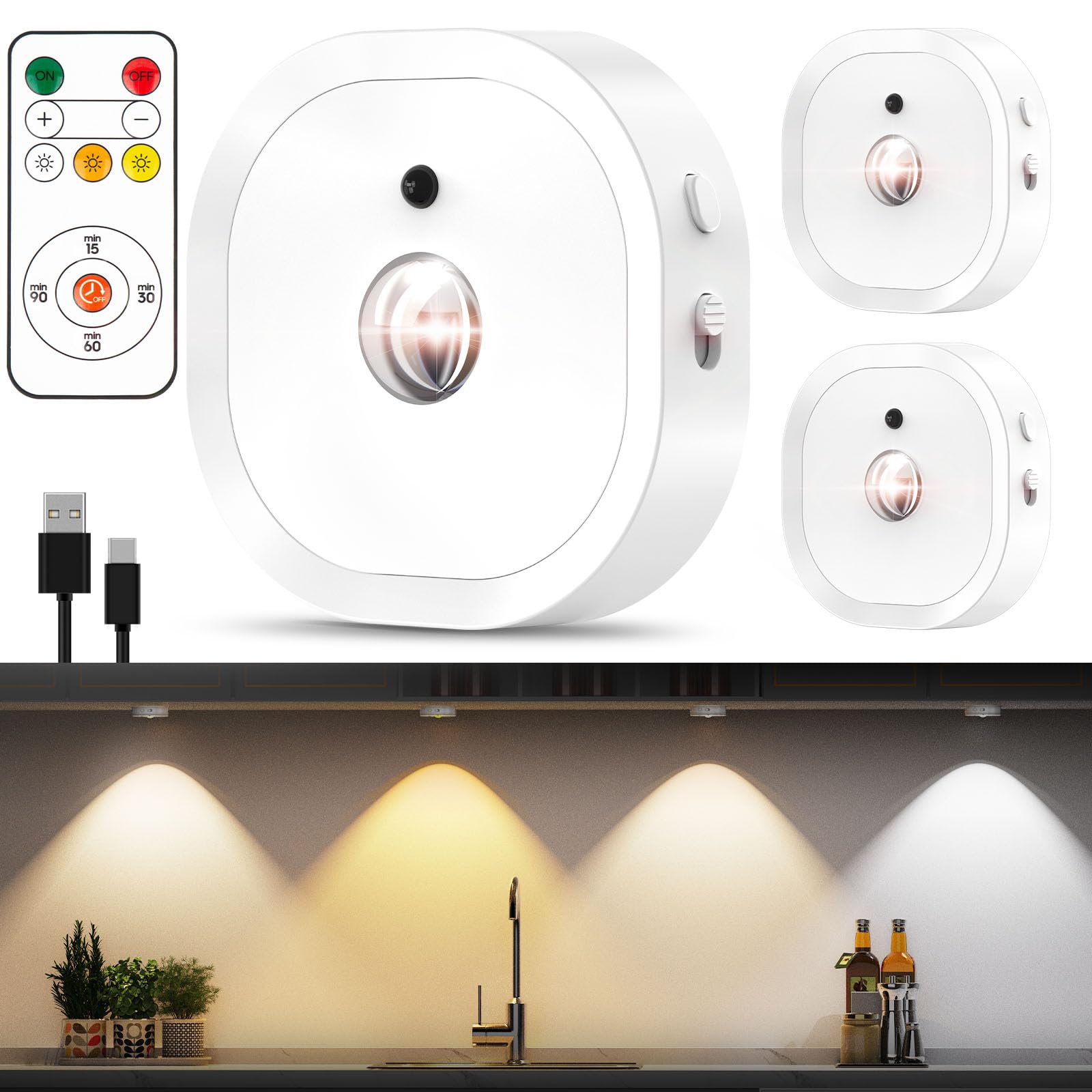 Rechargeable Puck Lights with Remote Control,3 Color Temps Under Cabinet Lights,1500mAh Battery Operated Tap Lights,Push Lights 