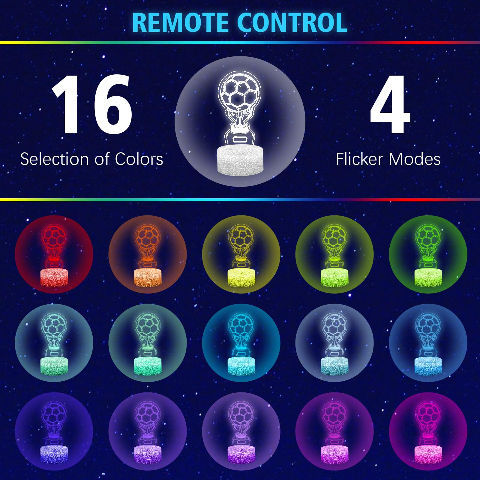 Shellvcase Soccer Night Light 3D Lamp Set with Remote Control, 16 Colors, 5 Pcs, Kids Gift, Model 3736651, Color 5pc-Soccer