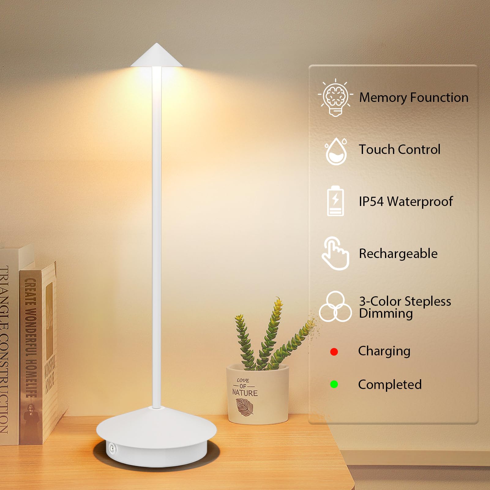 Aoceley Rechargeable LED Table Lamps, 6000mAh, Waterproof, 3-Color Dimmable, Model HT015, Portable, White, 2-Pack