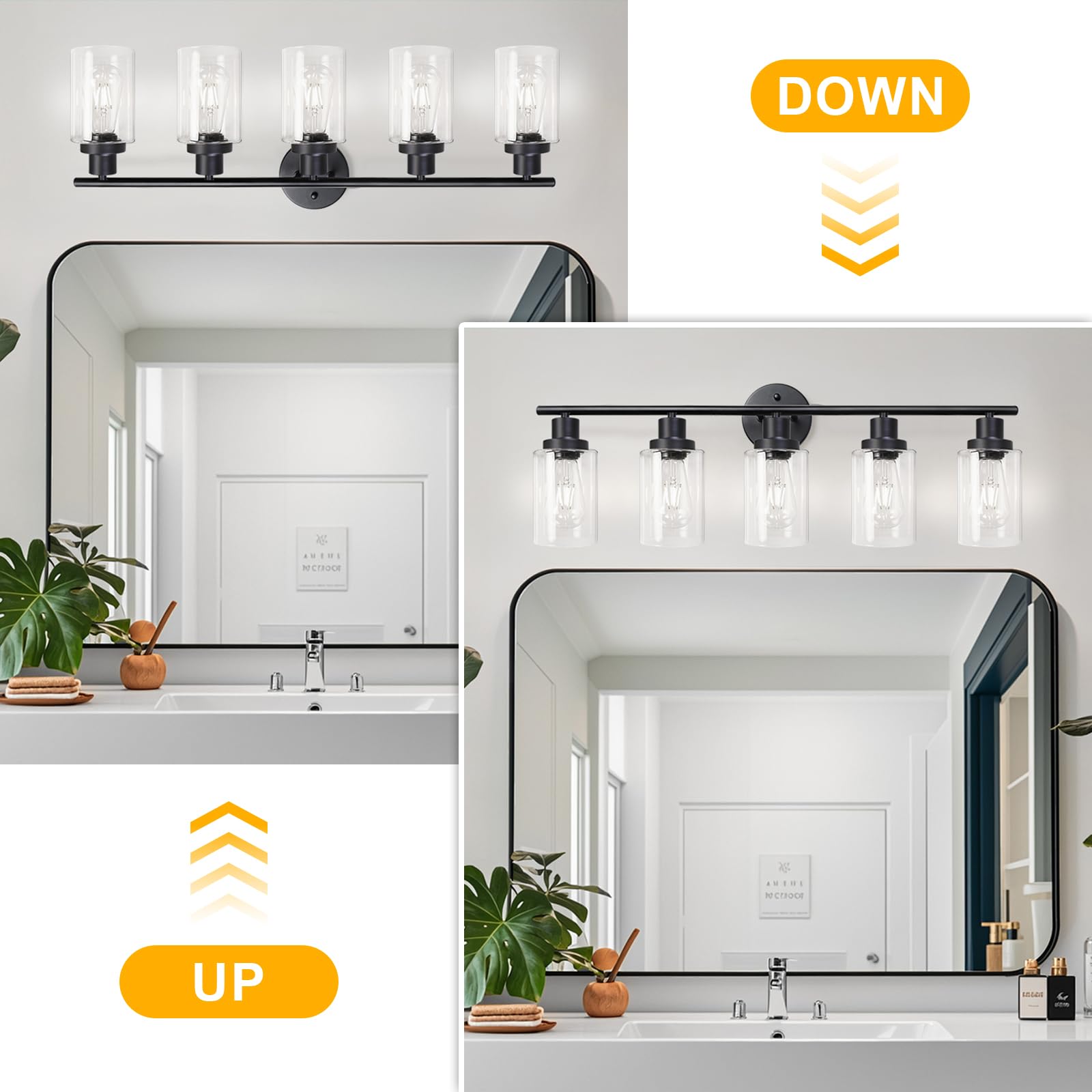 Unicozin Modern Bathroom Light Fixtures, 5 Light Vanity Lights, Black Wall Lamp With Clear Glass For Bathroom, Mirror, Living Ro