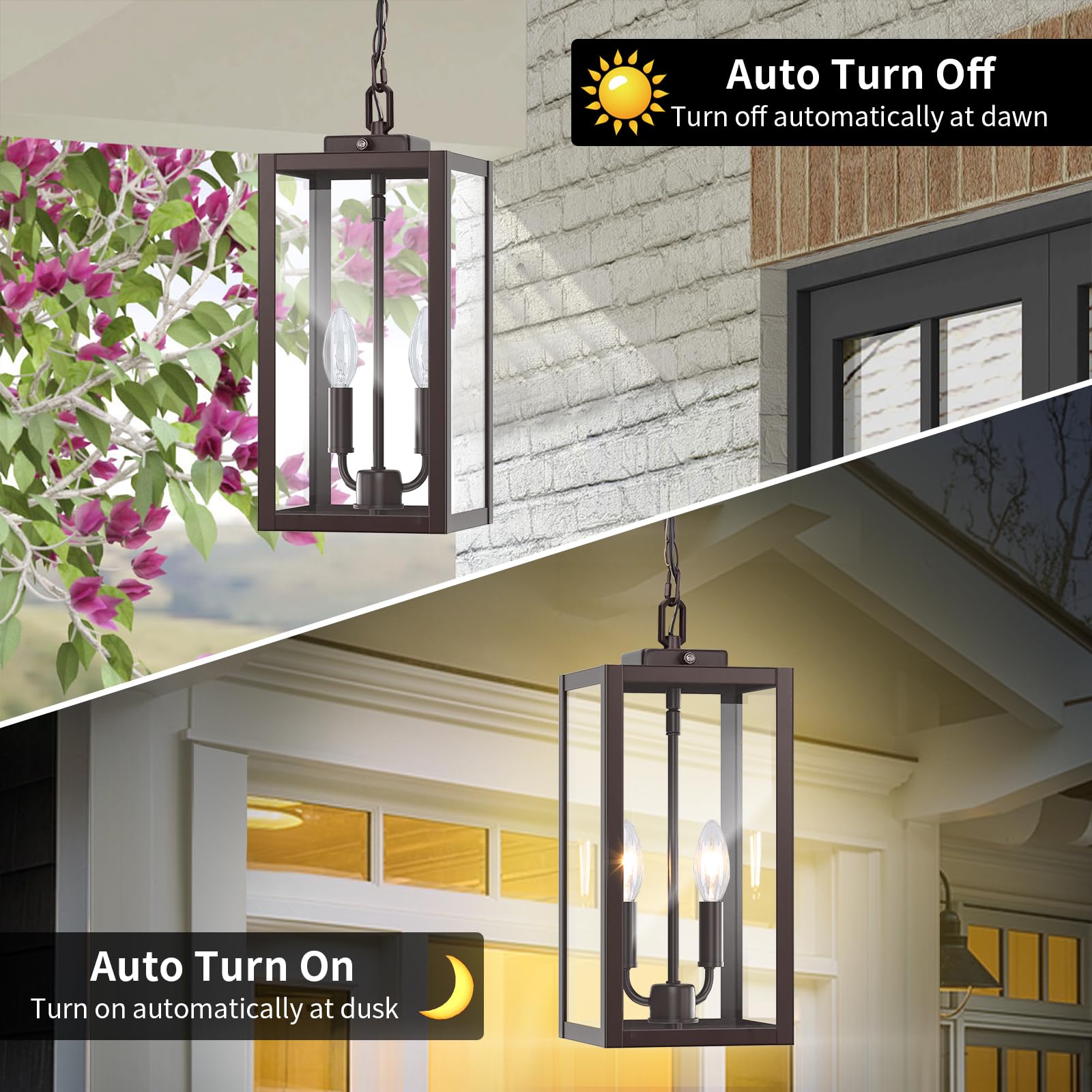 15.3'' Large Outdoor Pendant Light 2-Light, Dusk To Dawn Modern Brown Metal Outside Chandelier Exterior Hanging Fixture Ceiling