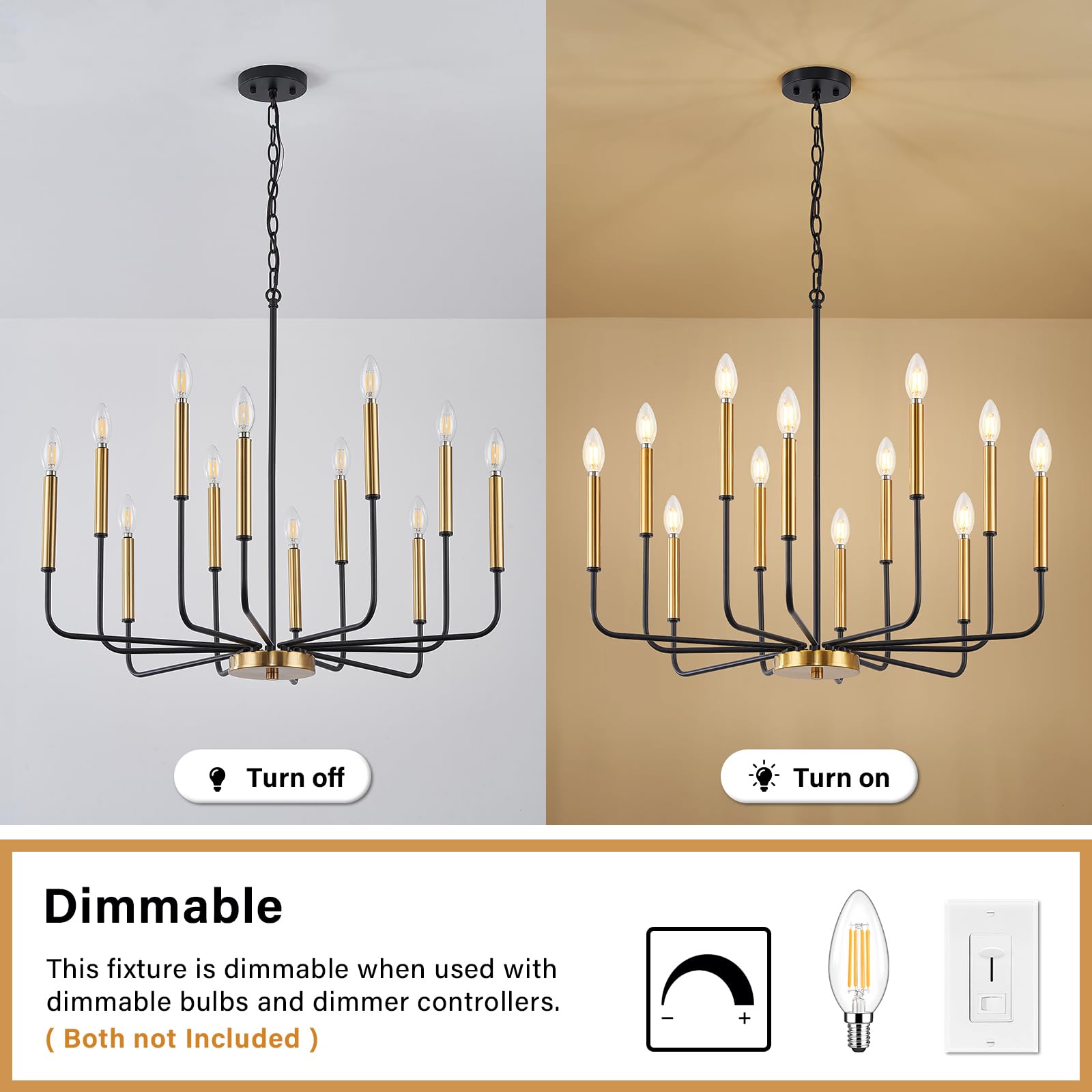 Zuyurt 12-Light Black And Gold Chandelier, Modern Farmhouse Chandelier For Dining Room Hanging Lighting Fixture, Metal Candle Chandelier With Chain For Living Room, Kitchen, Entryway, Foyer, Stairs