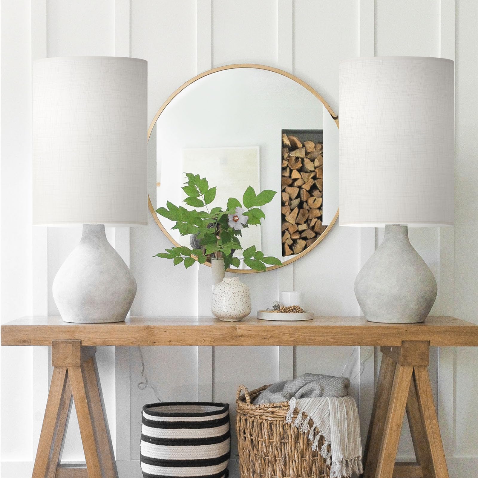 Tall Lamp Shades Set Of 2, 10" Top X 10" Bottom X 13" High Large Drum Lampshades For Table Lamps Floor Lamp, White Line Fabric Lamp Shades, Easy Assembly Replacement Lampshades