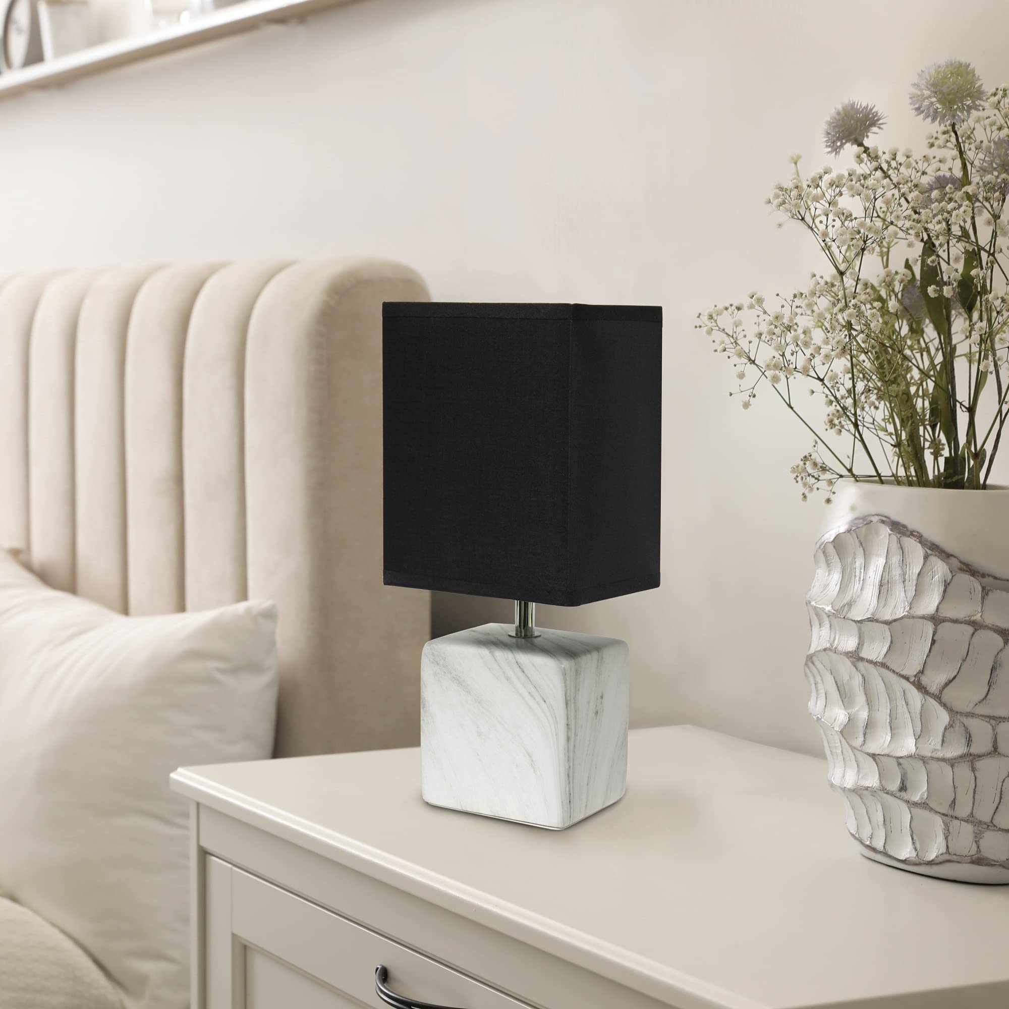 Simple Designs Lt2071-Wob Mini Petite White Gray Marbled Ceramic Bedside Table Lamp With Black Shade