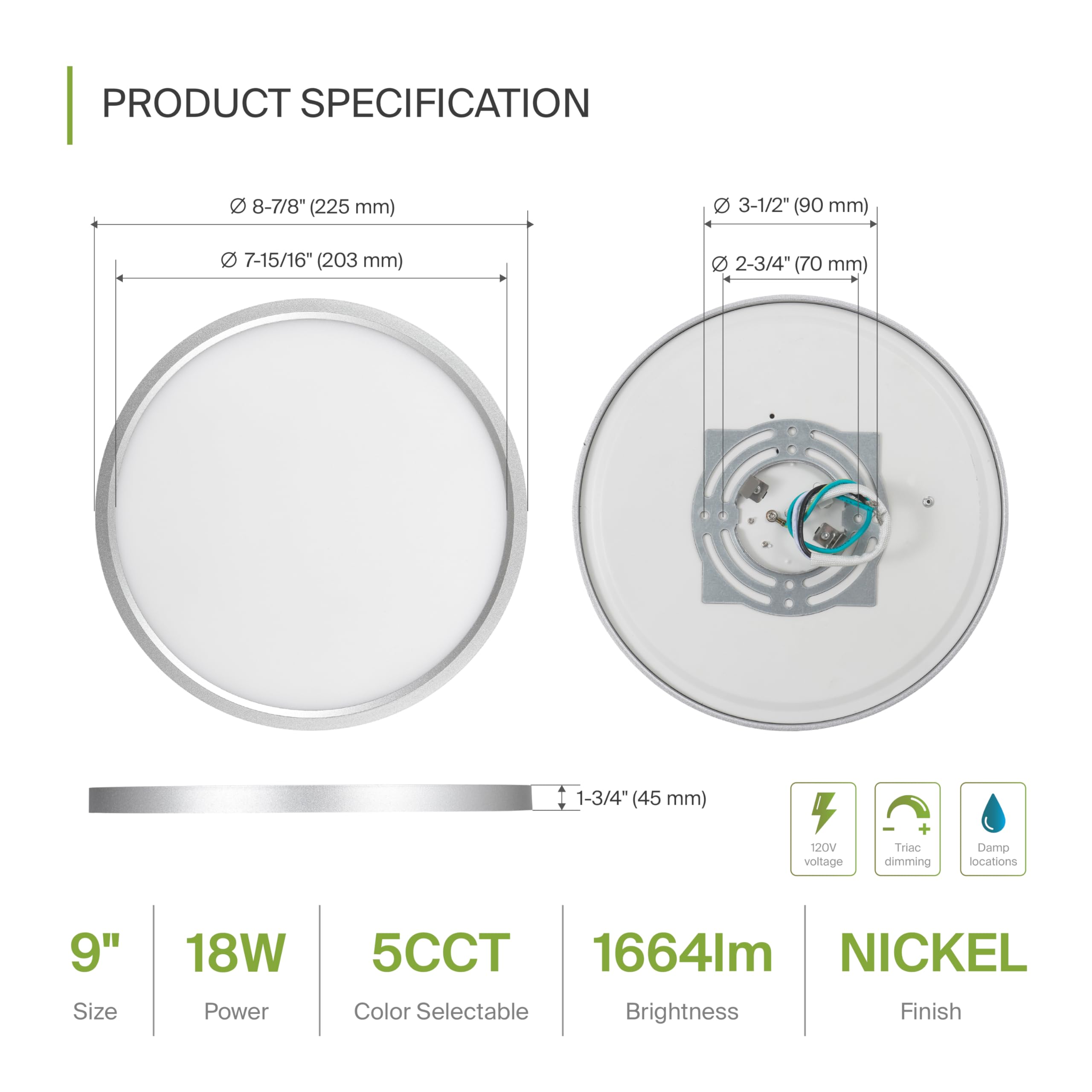 ASD LED Ceiling Light Fixture, 18W 1660LM, 2700-6000K, 9in Round, Nickel, Dimmable, ETL Listed, Model A-M