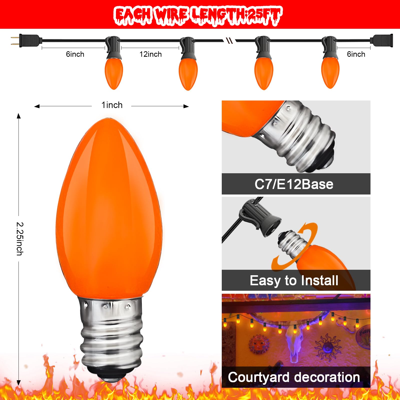 C7 Led Outdoor Halloween Lights 25Ft Orange Christmas String Lights With 27 Shatterproof Orange Led Bulbs, Hanging Outdoor Patio