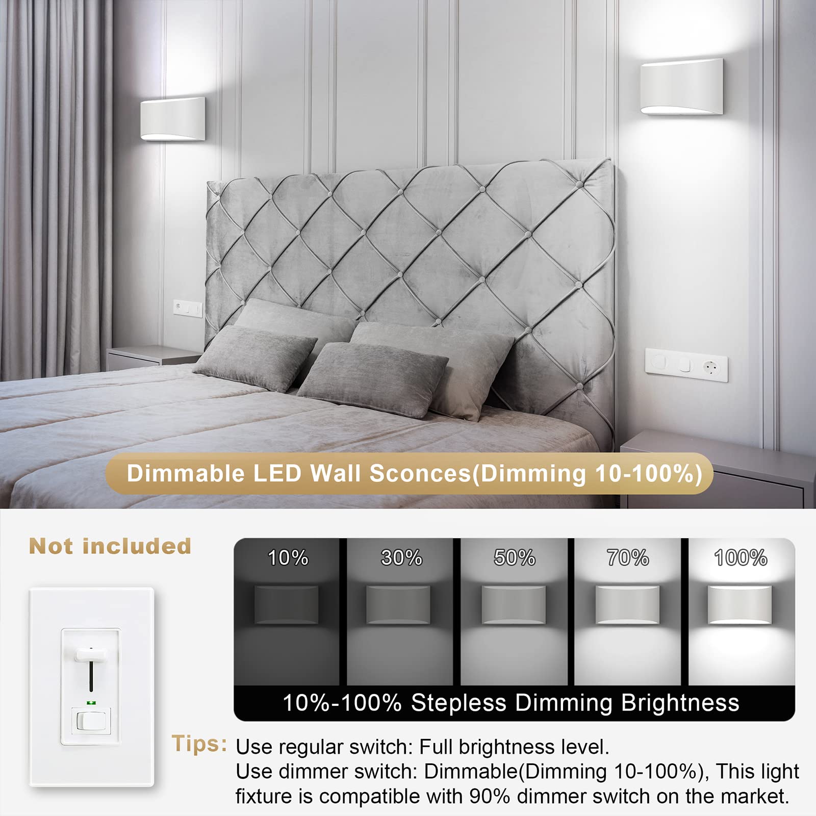 TRLIFE Dimmable LED Wall Sconce, 12W Aluminum, 3CCT Selectable, Modern Design, White, 1 Pack, Model BY-Al-DWhi-1P