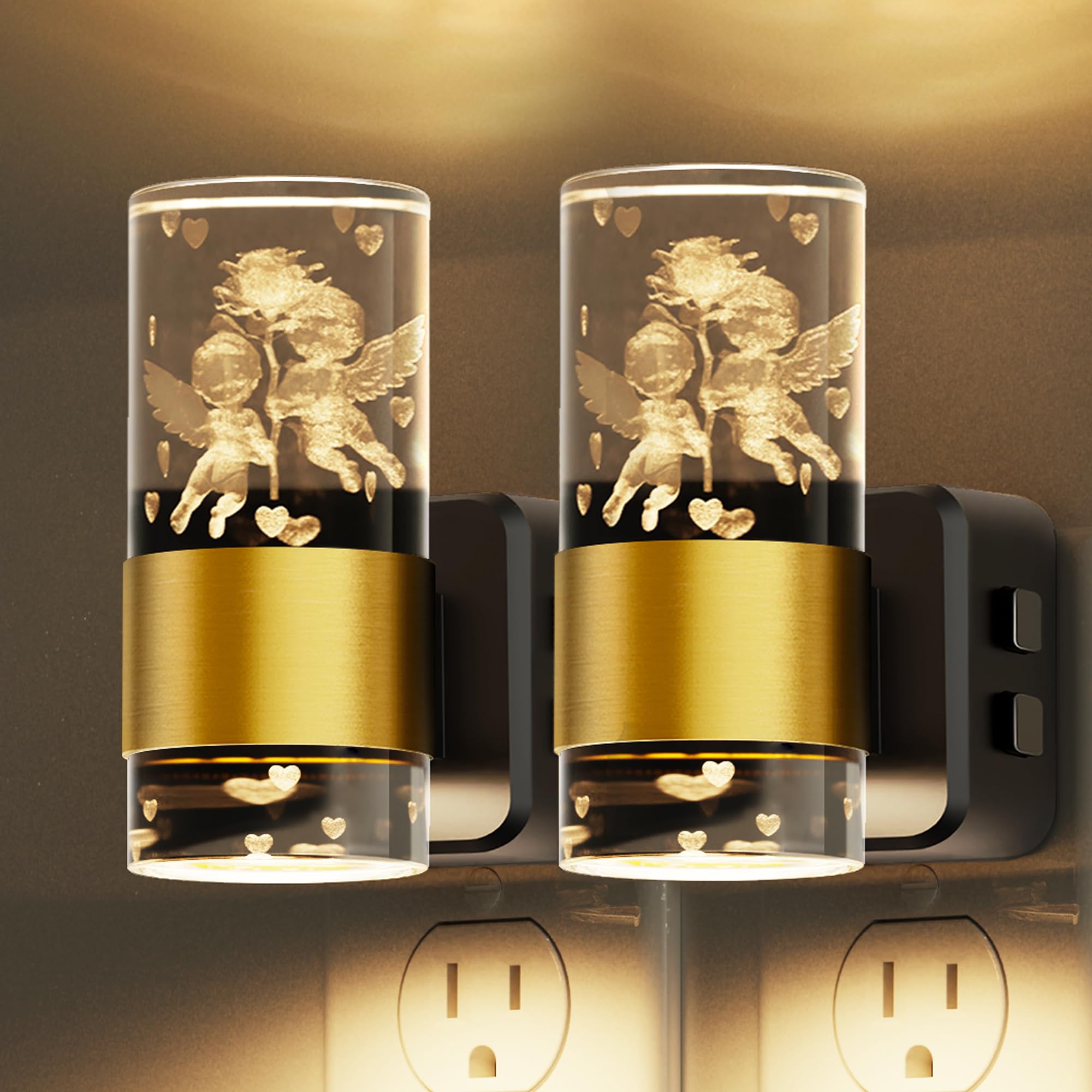 L LOHAS LED Night Lights - 2 Pack Dusk to Dawn, 9 Color Changing, Adjustable Brightness, Gold Ring-Angel RGB, Model A-GY19709CPUS-2