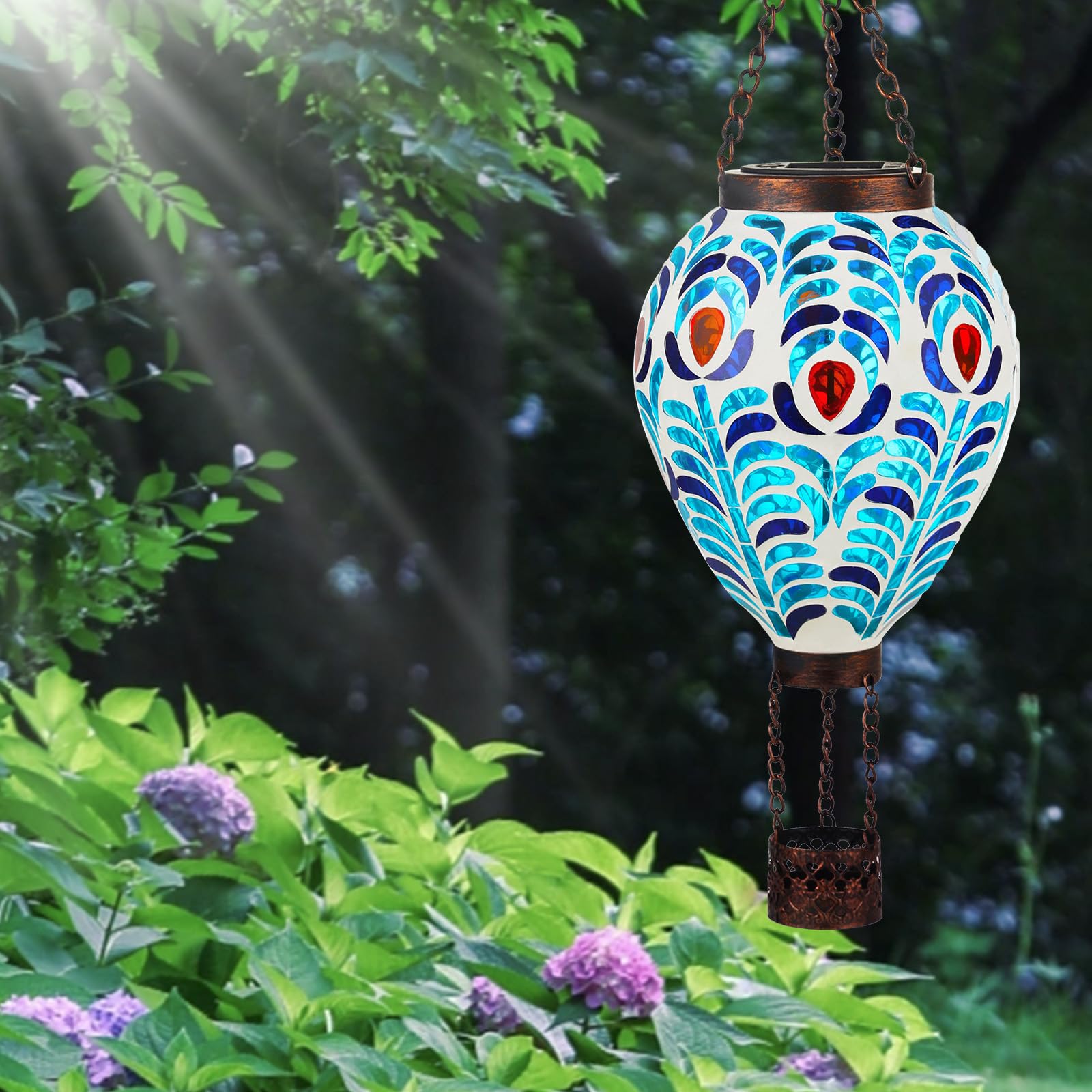 VOREEN Hot Air Balloon Solar Lantern, Handmade Glass, Peacock Feather Design, Waterproof Outdoor Hanging Light, Model FYG24106