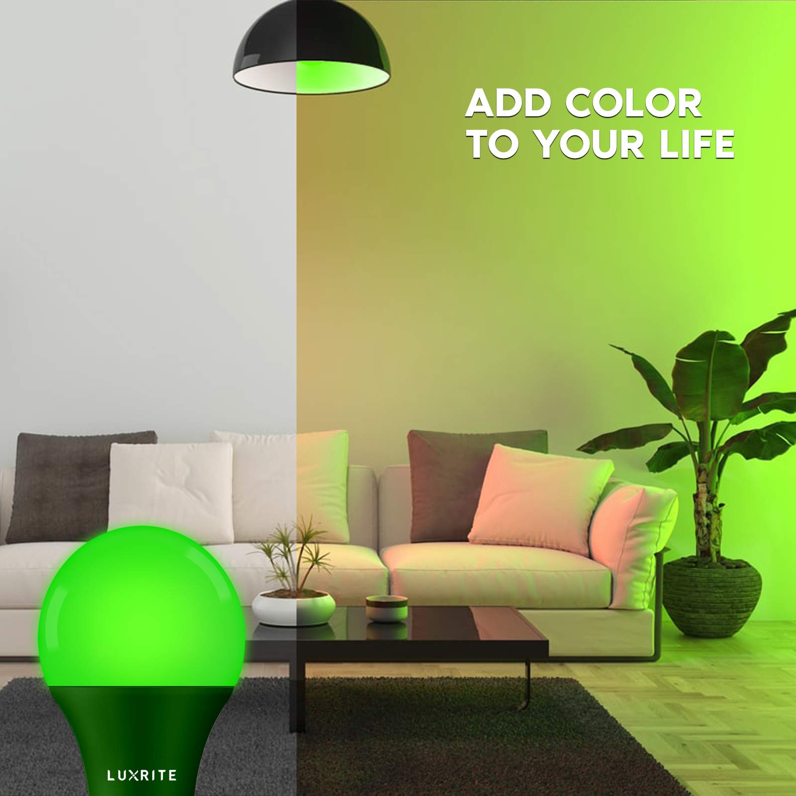 LUXRITE A19 LED Green Light Bulb, 60W Equivalent, Non-Dimmable, E26 Base, 3 Count