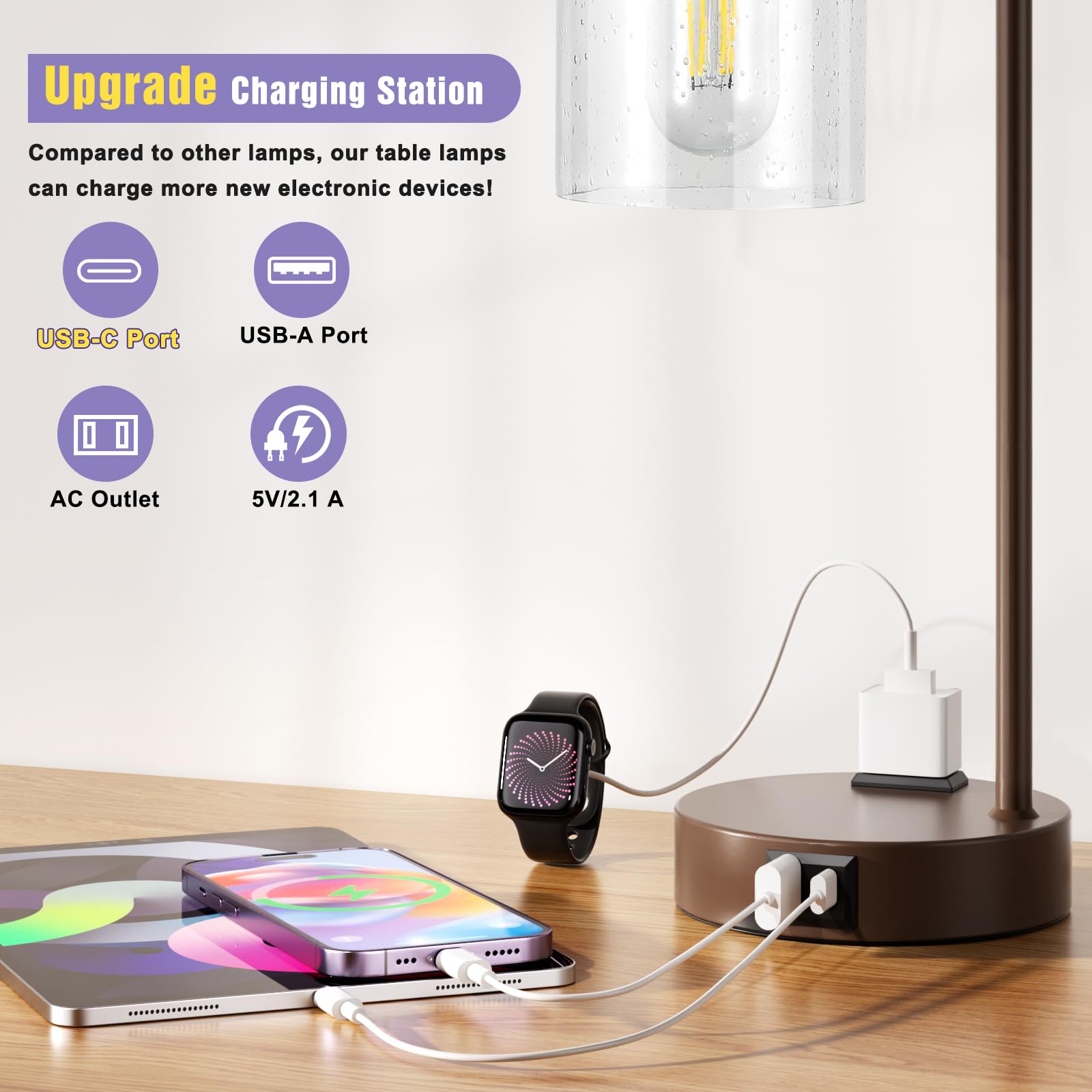 Innqoo Industrial Touch Table Lamps Set of 2 - 3-Way Dimmable, USB Ports, Brown Base & Clear Glass Shade for Living & Bedrooms