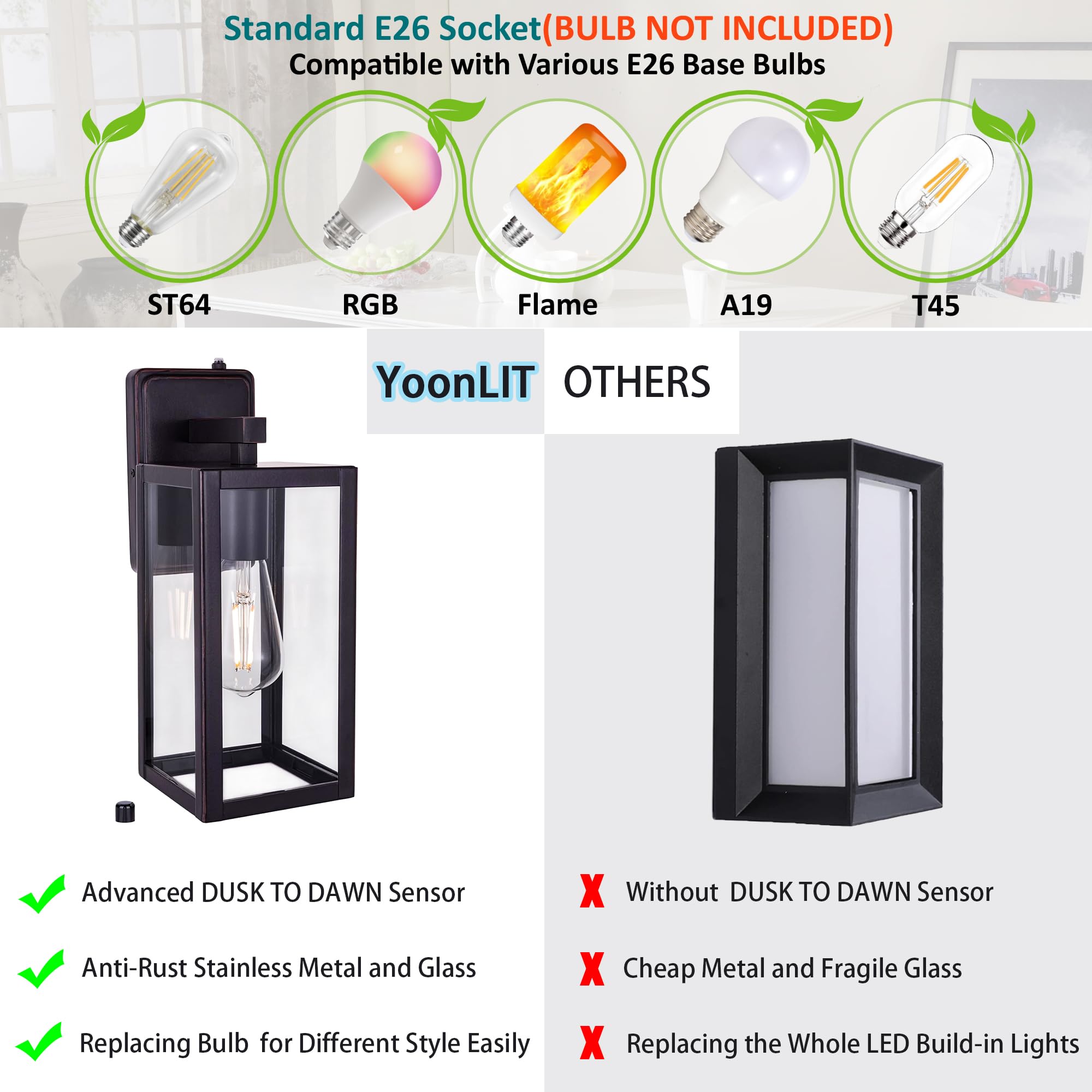 YoonLIT Dusk to Dawn Outdoor Wall Lantern, Front Porch Lights Anti-Rust, Exterior Waterproof Wall Sconce Fixtures for Patio, Doo