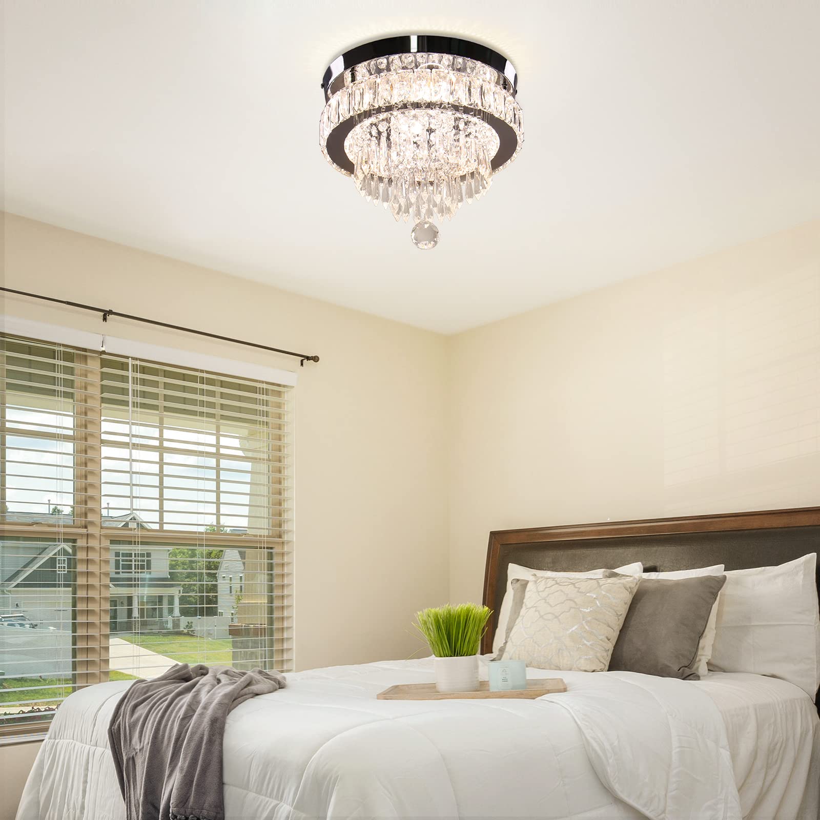 Cainjiazh Dimmable Crystal Chandelier 11.8" LED Flush Mount, Stainless Steel, Remote Control, 2700K/4000K/6500K for Bedroom/Dining Room
